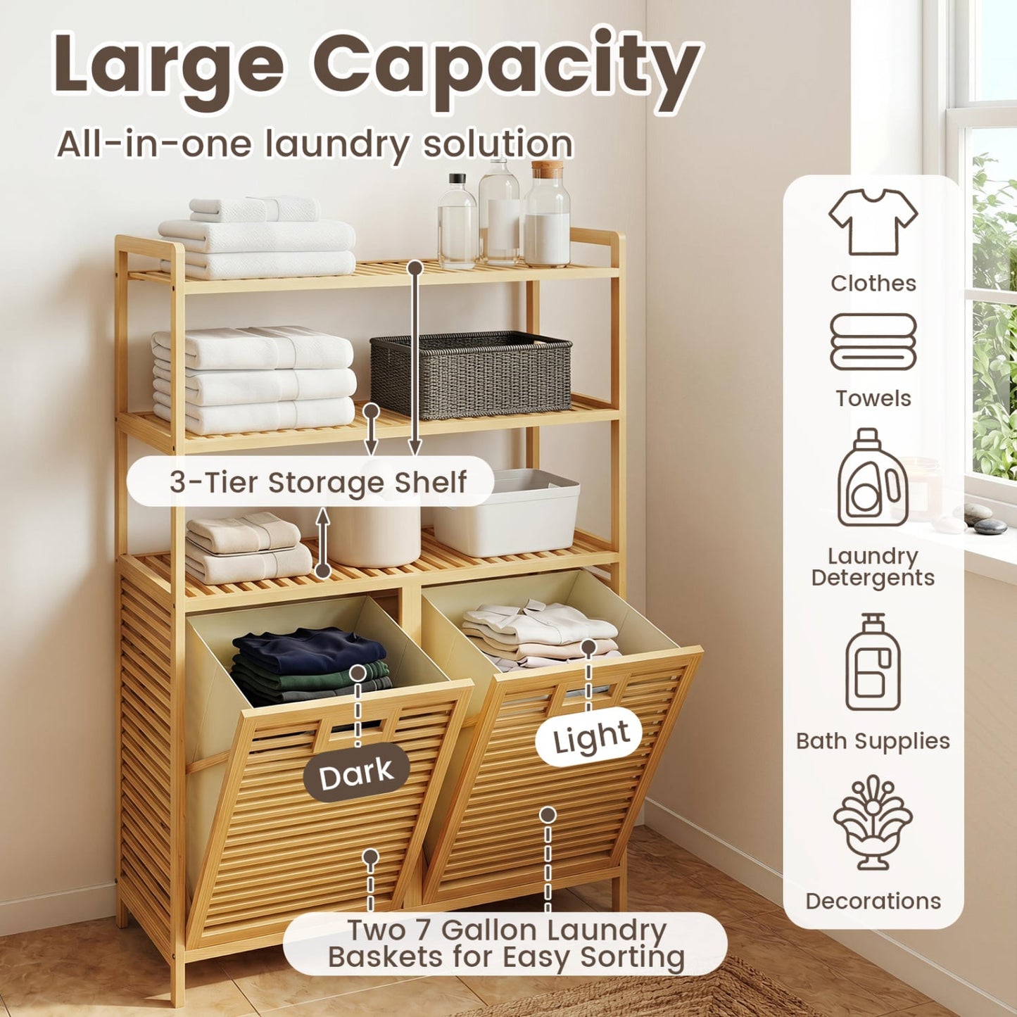 Double Tilt Out Laundry Hamper, 3 Shelves, 2 Baskets, Natural