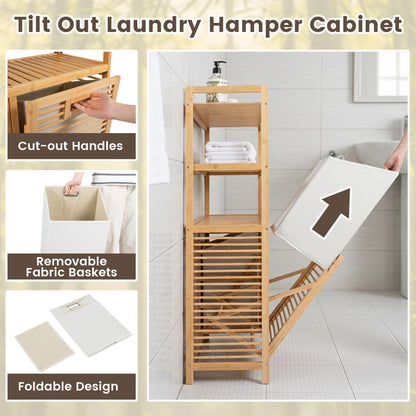 Double Tilt Out Laundry Hamper, 3 Shelves, 2 Baskets, Natural