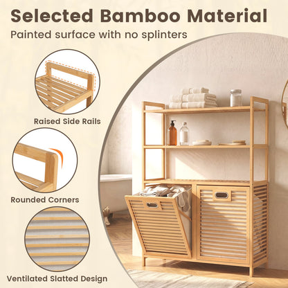 Double Tilt Out Laundry Hamper, 3 Shelves, 2 Baskets, Natural