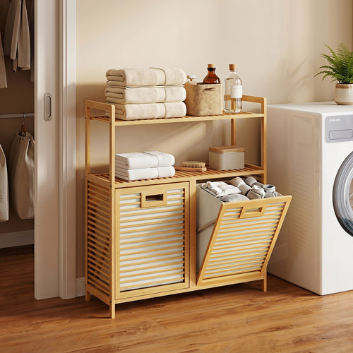 Double Tilt Out Laundry Hamper, 2 Shelves, Natural