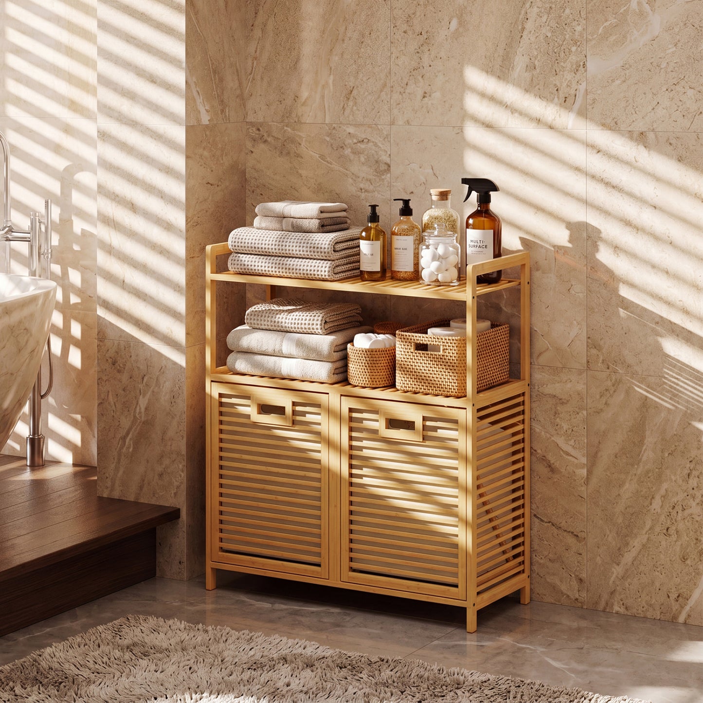 Double Tilt Out Laundry Hamper, 2 Shelves, Natural