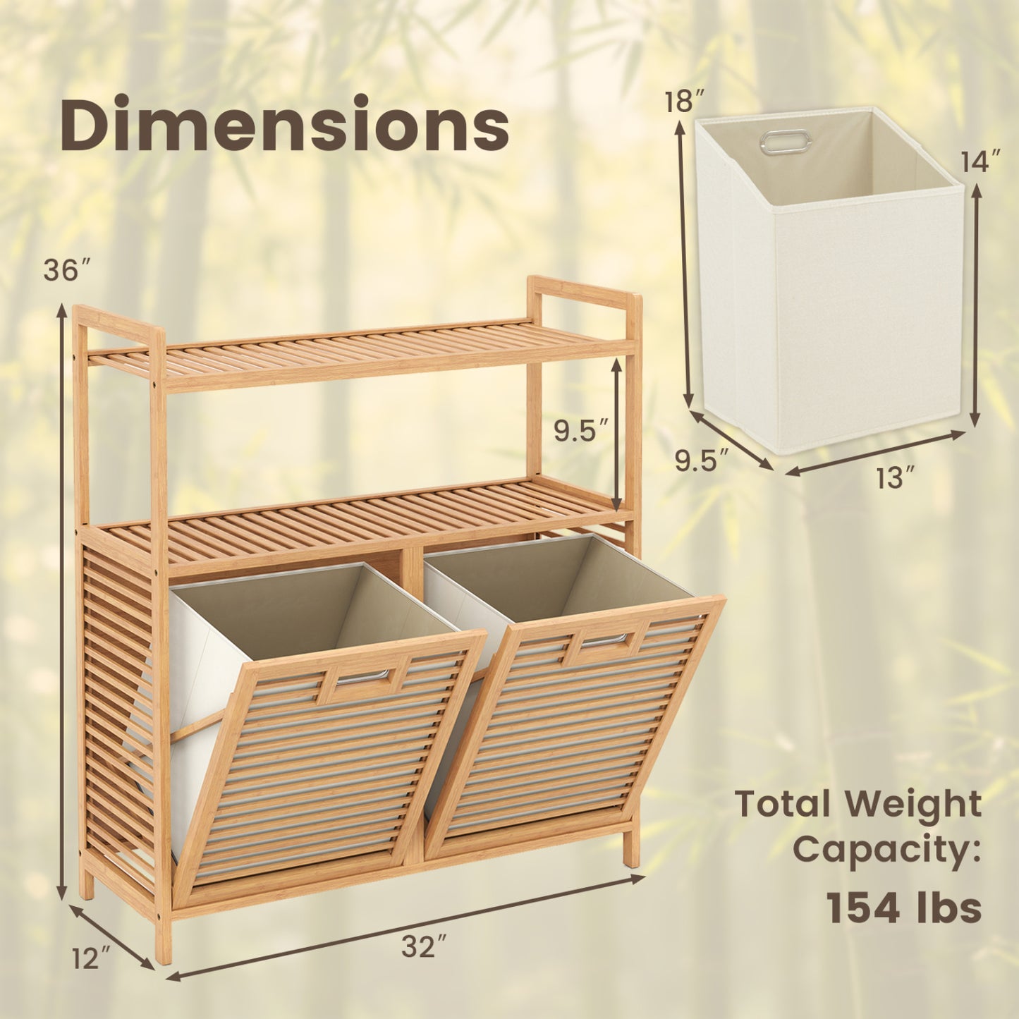 Double Tilt Out Laundry Hamper, 2 Shelves, Natural