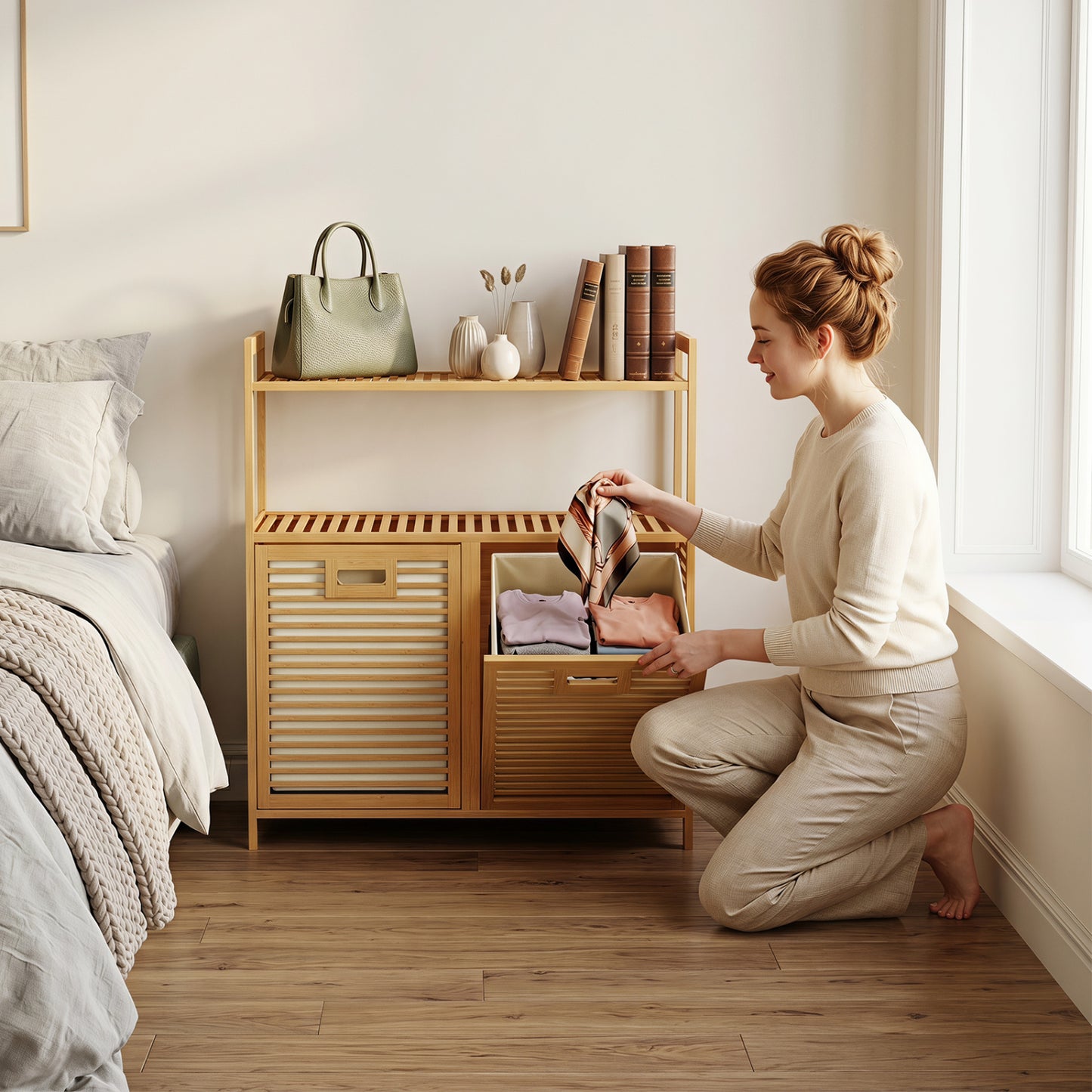 Double Tilt Out Laundry Hamper, 2 Shelves, Natural