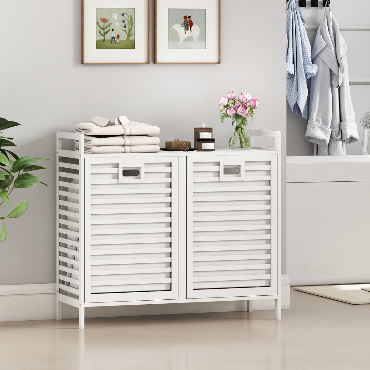Double Tilt-out Laundry Hamper, 2 Removable Bins, White