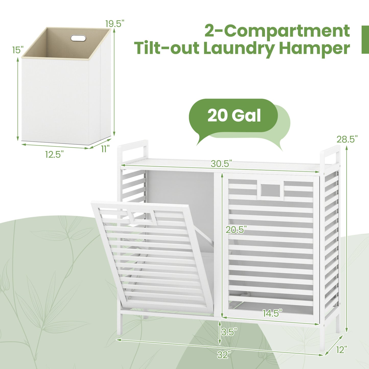 Double Tilt-out Laundry Hamper, 2 Removable Bins, White
