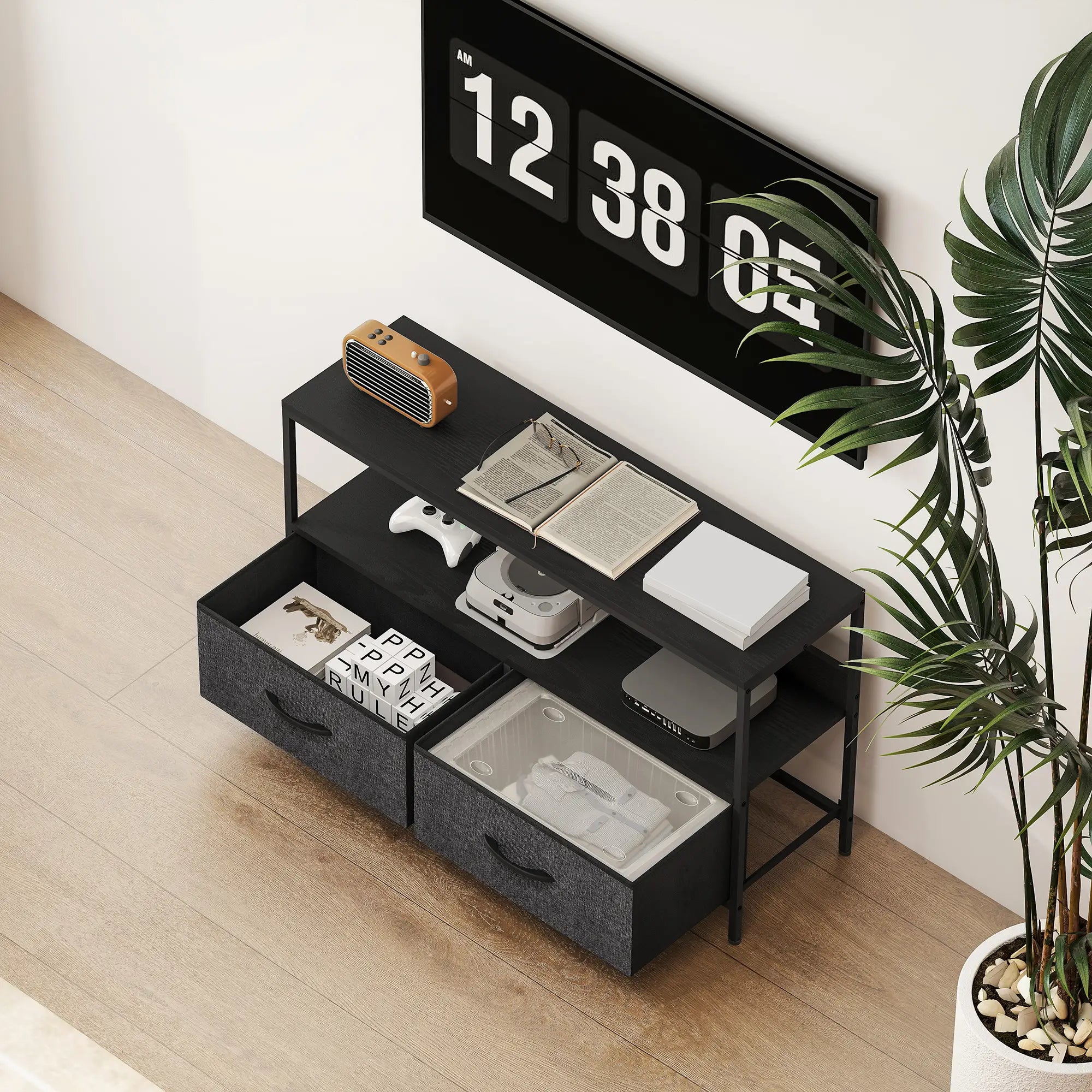 TV Stand with Charging Station, 2 Foldable Drawers, Open Shelf, 47 Inch, Black TV Stands at Gallery Canada