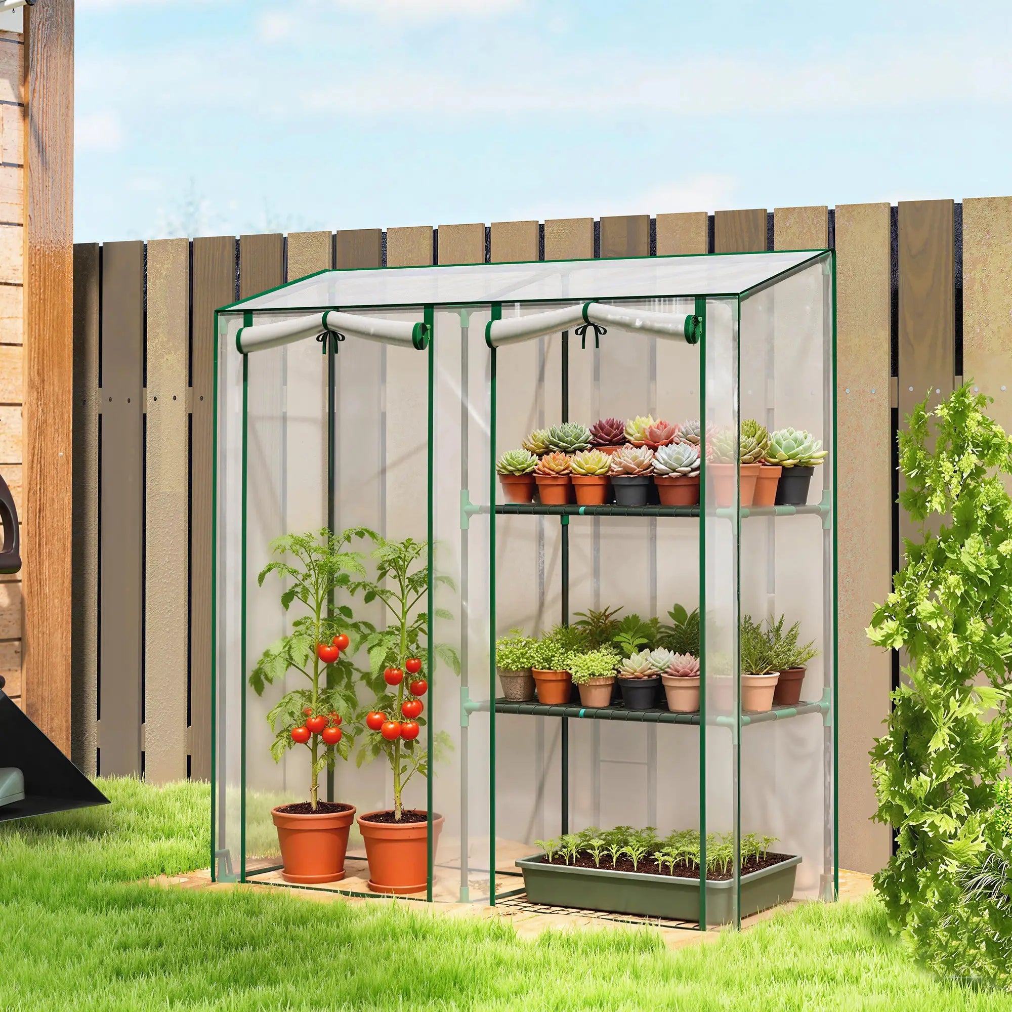 Mini Greenhouse, 3 Shelves, 2 Roll-Up Doors, 56.3