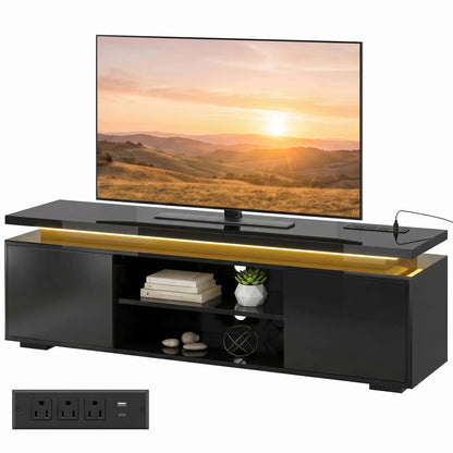 TV Stand For TVs Up To 60 Inch, Modern Entertainment Center With LED Lights, LED Lights TV Stands High Gloss Black at Gallery Canada