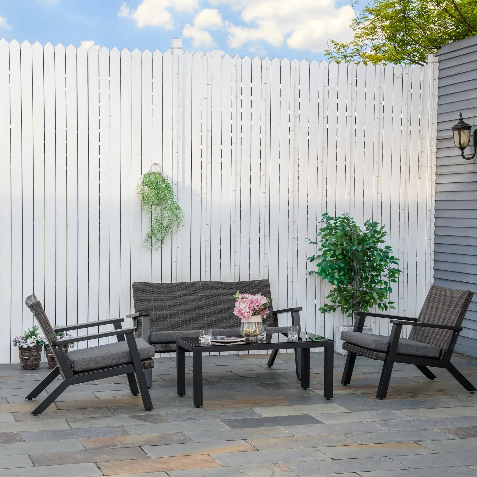 4pc Patio Furniture Set, Aluminum Frame, PE Rattan, 2 Sofas, 1 Loveseat, Coffee Table, Tempered Glass Top, Black, Grey Patio Furniture Sets at Gallery Canada