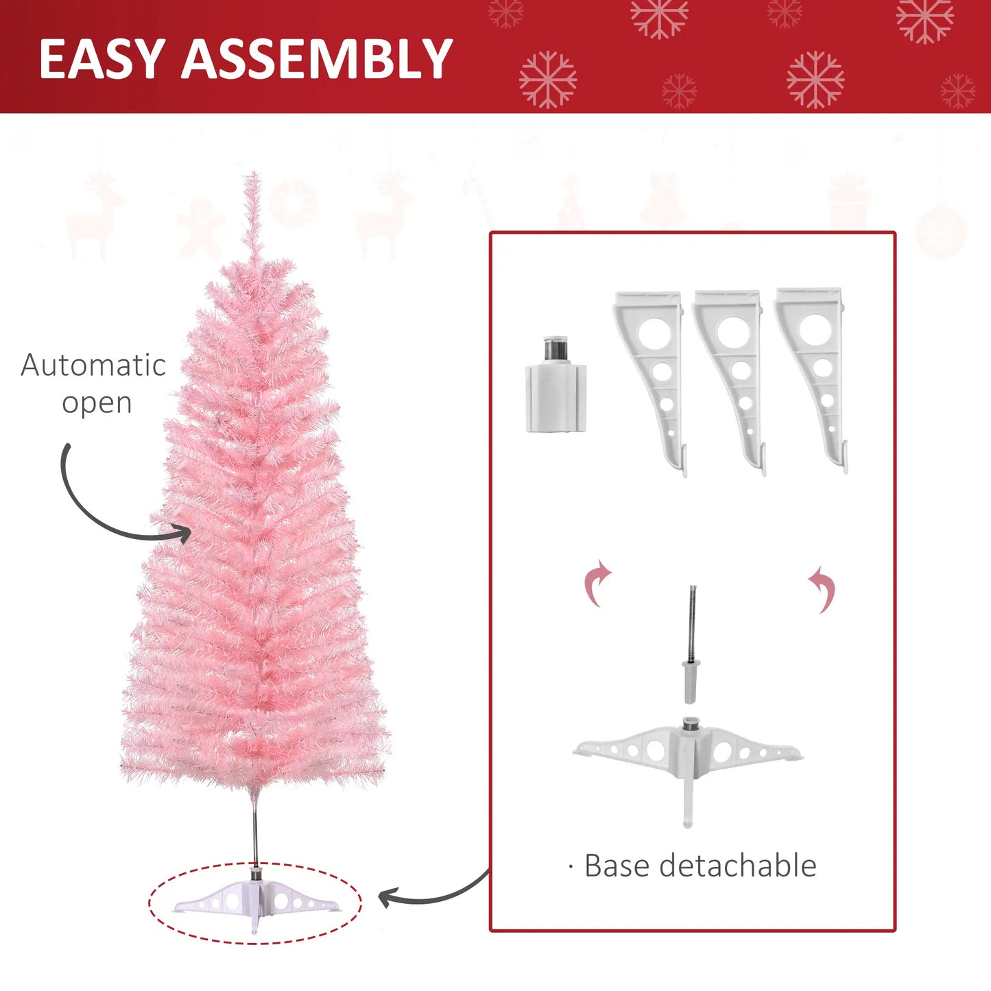 4FT Artificial Christmas Tree Holiday Xmas Holiday Pencil Tree Decoration with Automatic Open for Home Party, Pink Artificial Christmas Trees at Gallery Canada