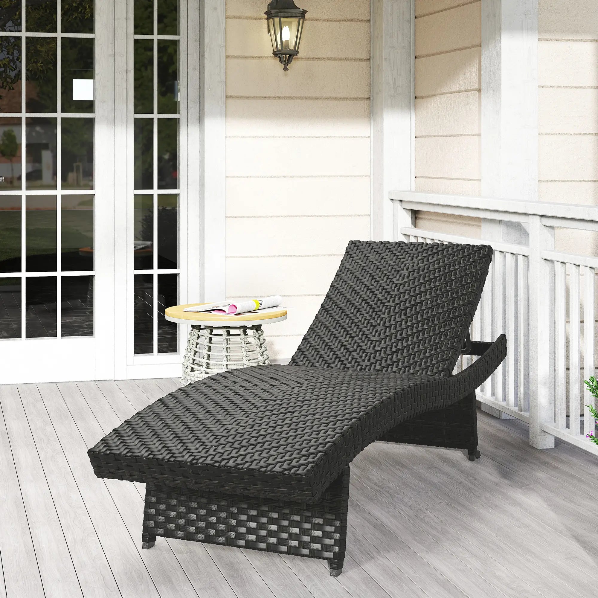 Folding Wicker Outdoor Chaise Lounge, 4-Level Adjustable Backrest, Black Wicker Chaise Loungers at Gallery Canada