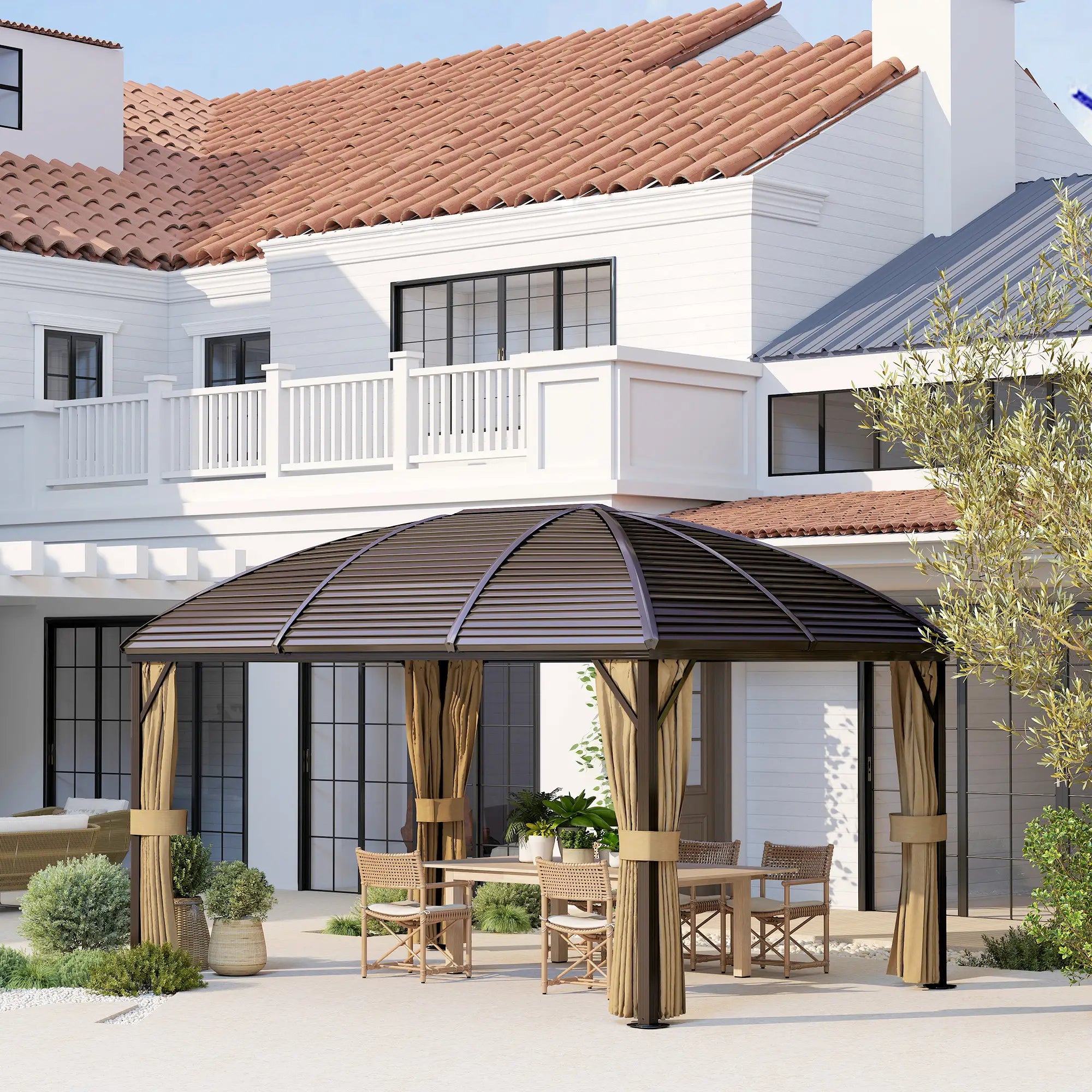 10' x 13' Hardtop Gazebo, Aluminum Canopy, Mesh Nettings, Curtains, Brown Gazebos at Gallery Canada