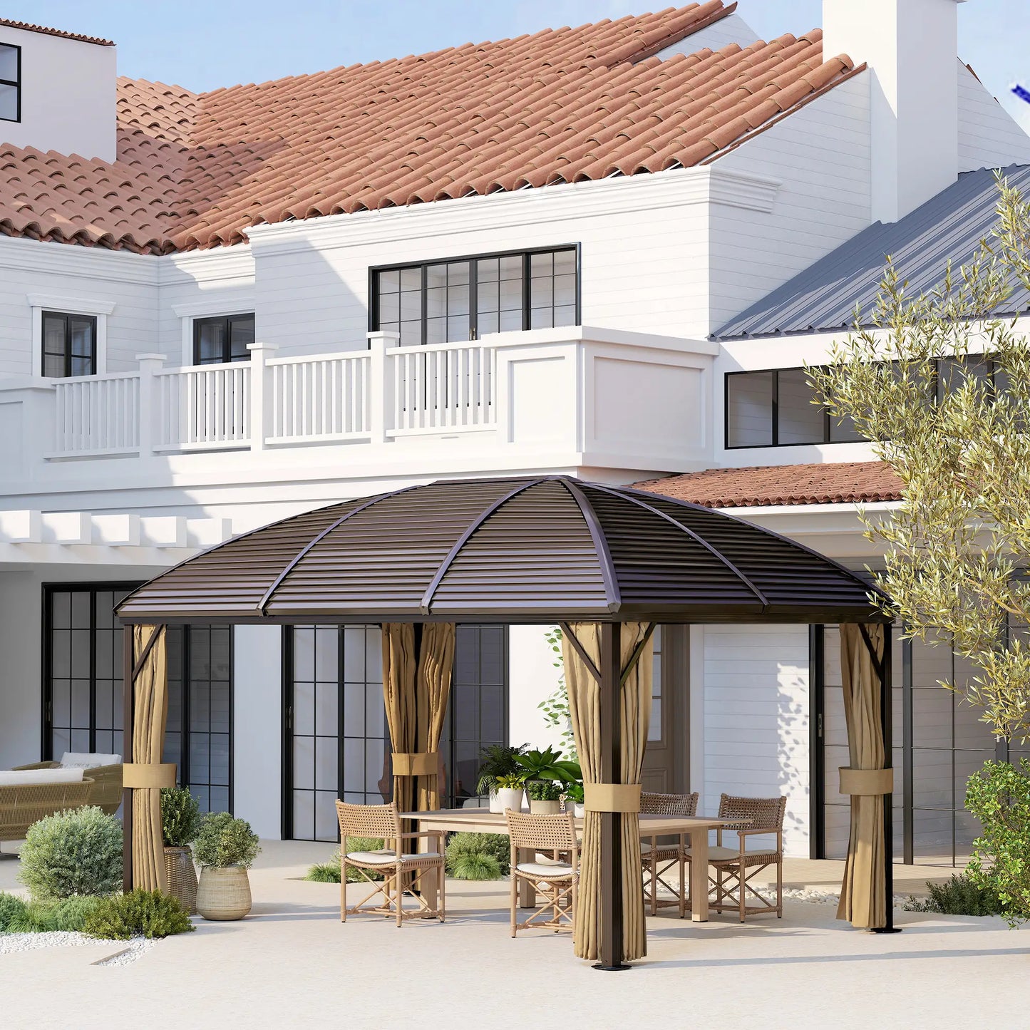 10' x 13' Hardtop Gazebo, Aluminum Canopy, Mesh Nettings, Curtains, Brown Gazebos at Gallery Canada