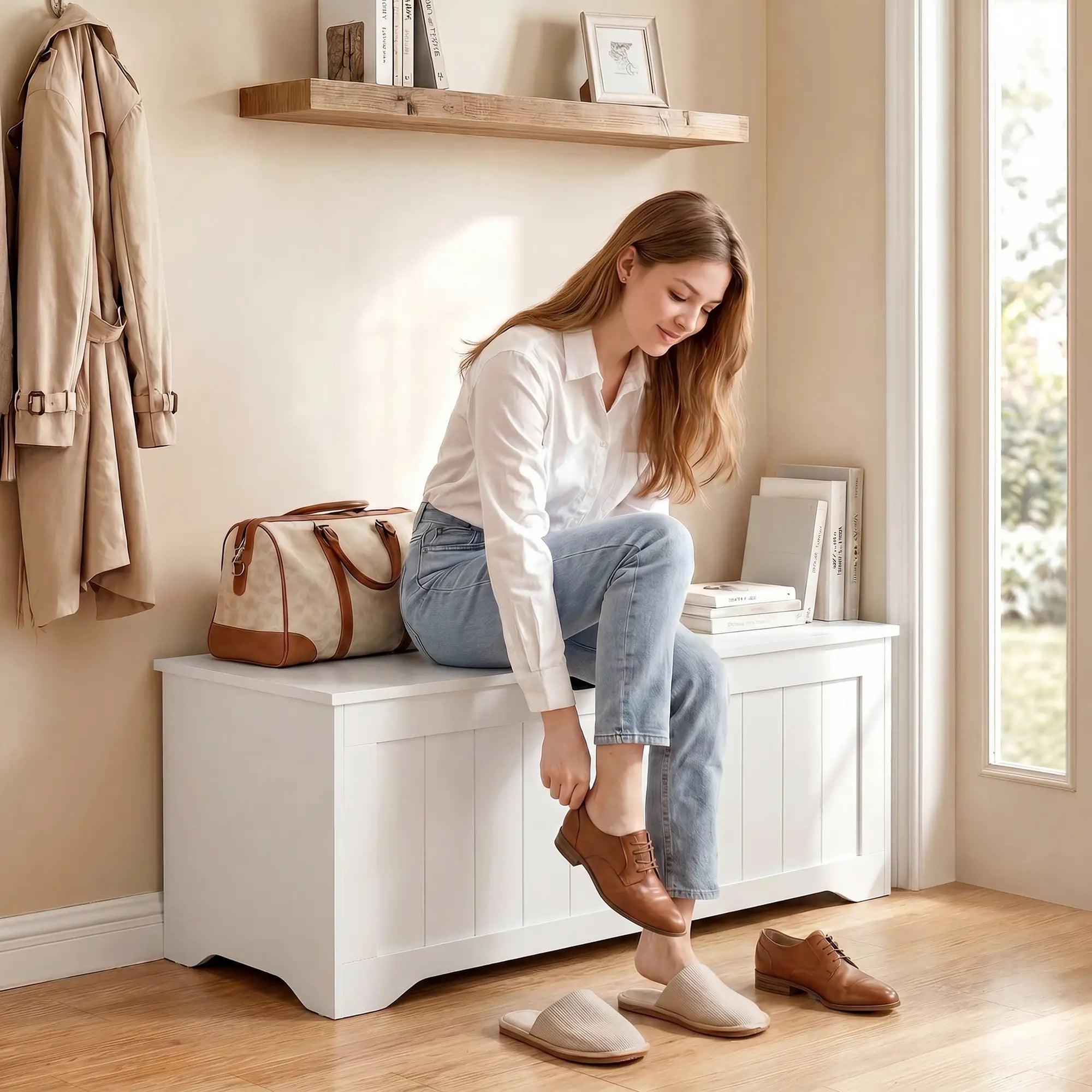 Storage Bench with Lift Top Storage Chest with Safety Hinges for Entryway, Living Room, White Storage Cabinets at Gallery Canada