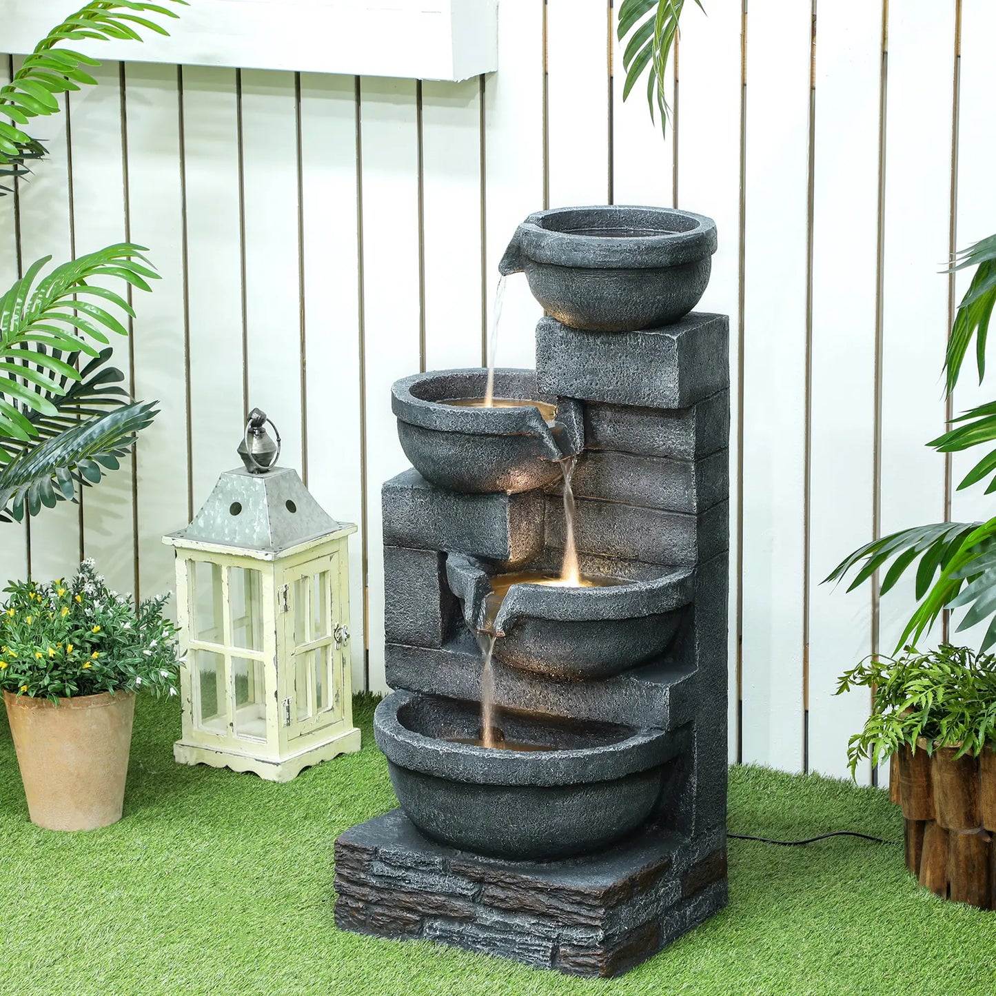 30" Tall Outdoor Water Fountain, LED Lights, 4-Tier Resin Bowls, Grey Water Fountains at Gallery Canada