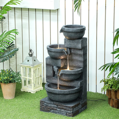 30" Tall Outdoor Water Fountain, LED Lights, 4-Tier Resin Bowls, Grey Water Fountains at Gallery Canada
