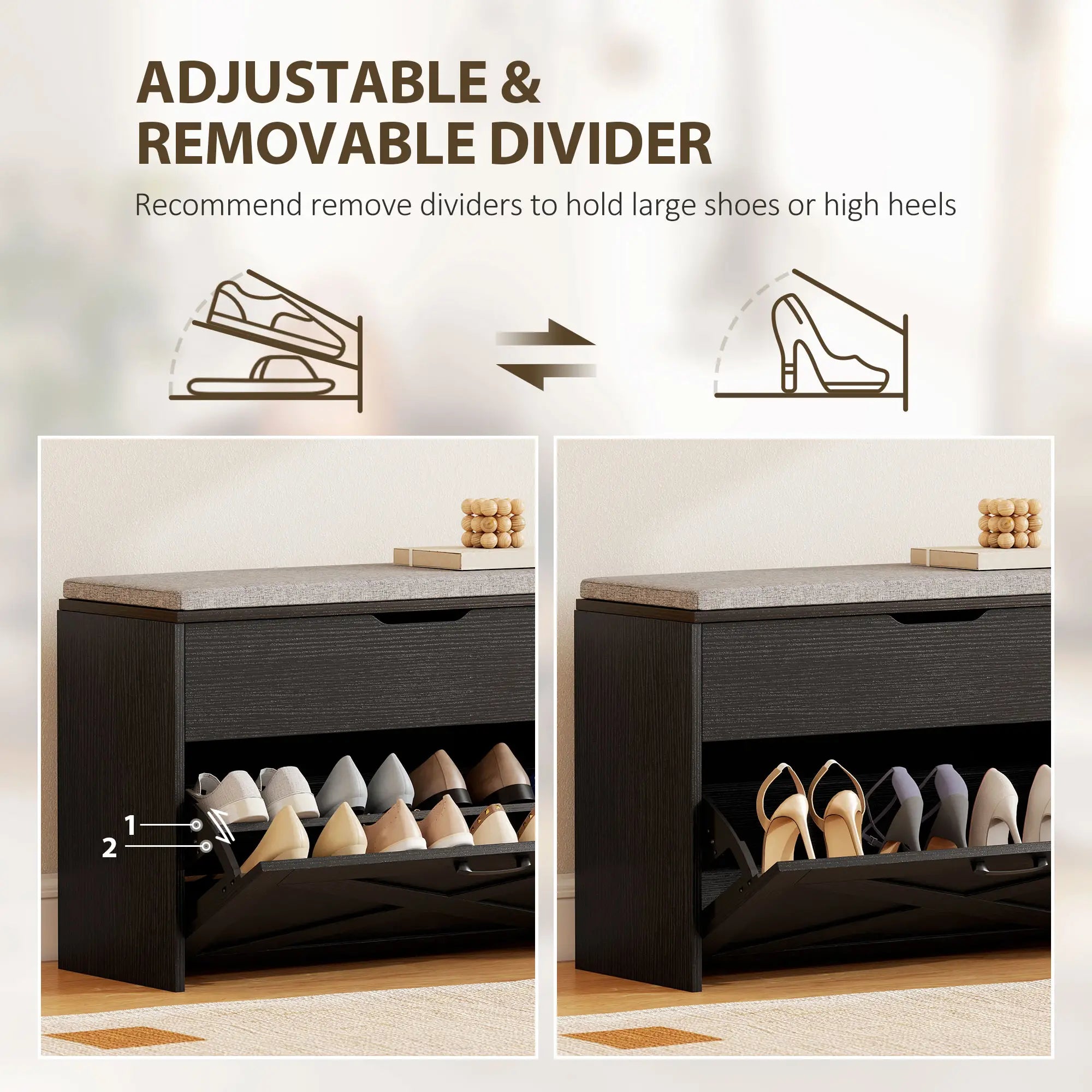 Shoe Storage Bench with Flip Drawer, Lift Top, Seat Cushion, Black Shoe Storage Cabinets & Racks at Gallery Canada