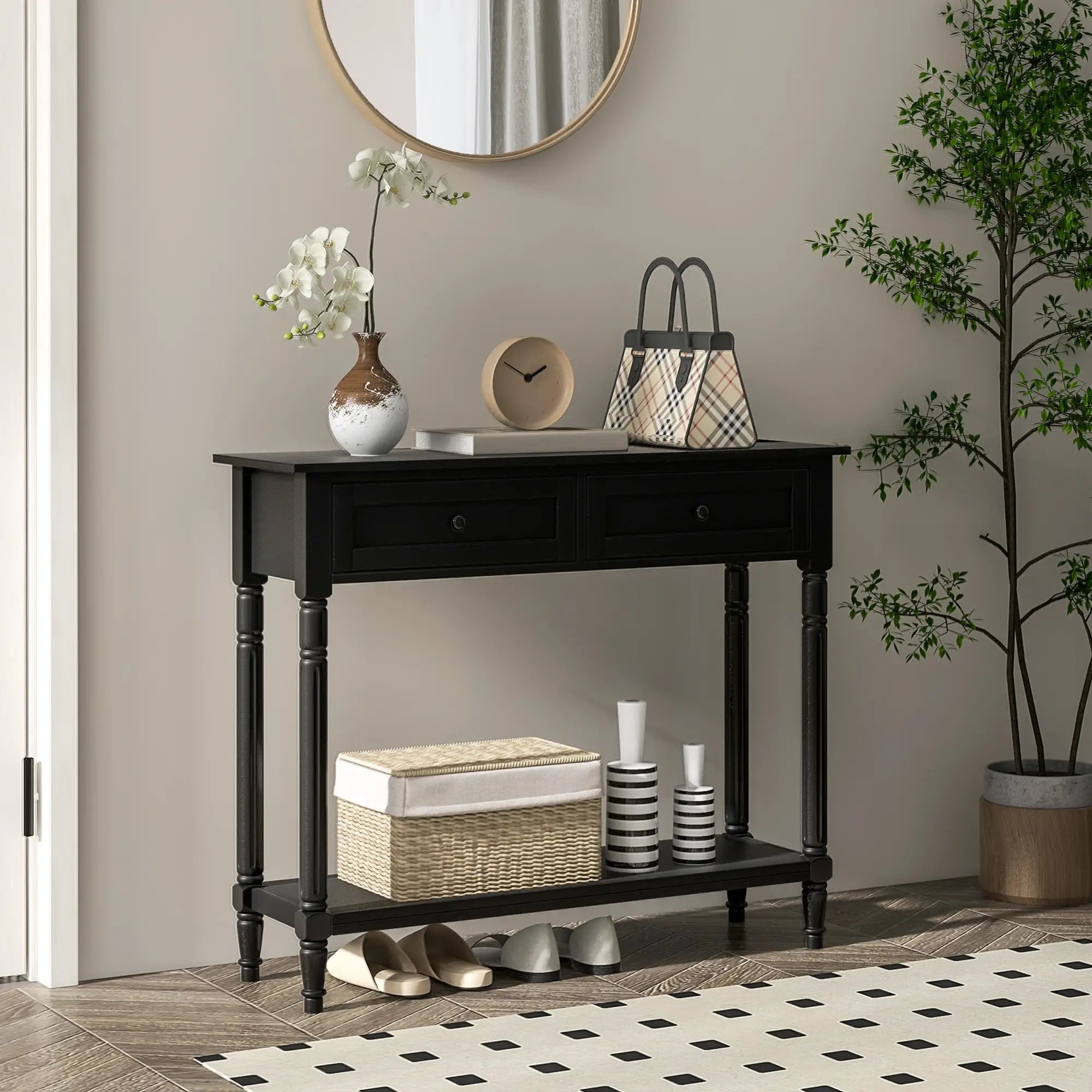 Modern Hallway Console Table, 2 Drawers, Storage Shelf, Turned Legs, Black Console Tables at Gallery Canada