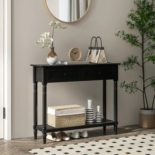 Modern Hallway Console Table, 2 Drawers, Storage Shelf, Turned Legs, Black
