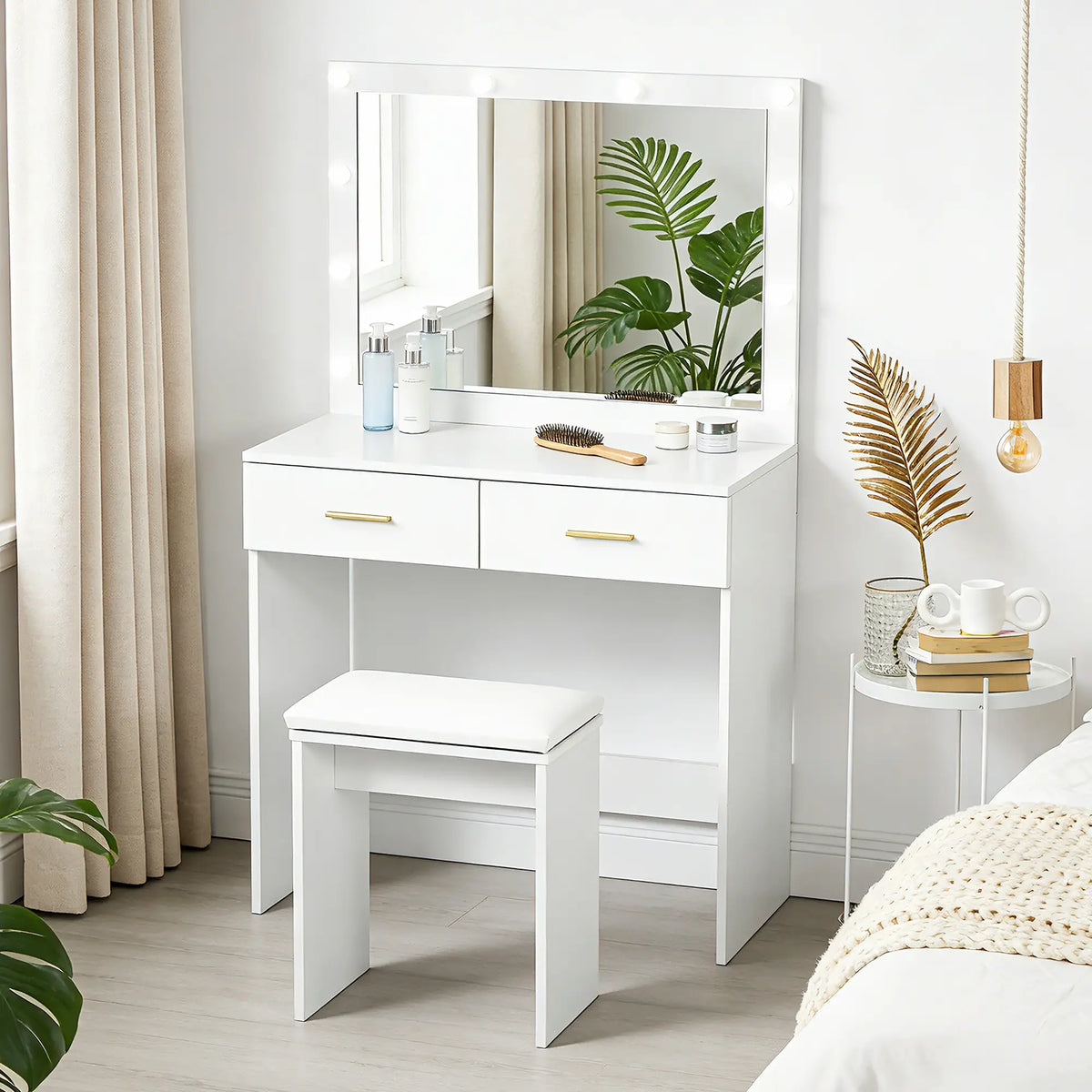 Makeup Vanity Desk Set with Stool, LED Mirror, Drawers, White