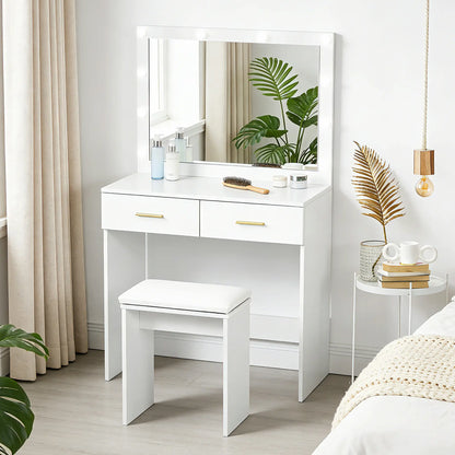 Makeup Vanity Desk Set with Stool, LED Mirror, Drawers, White