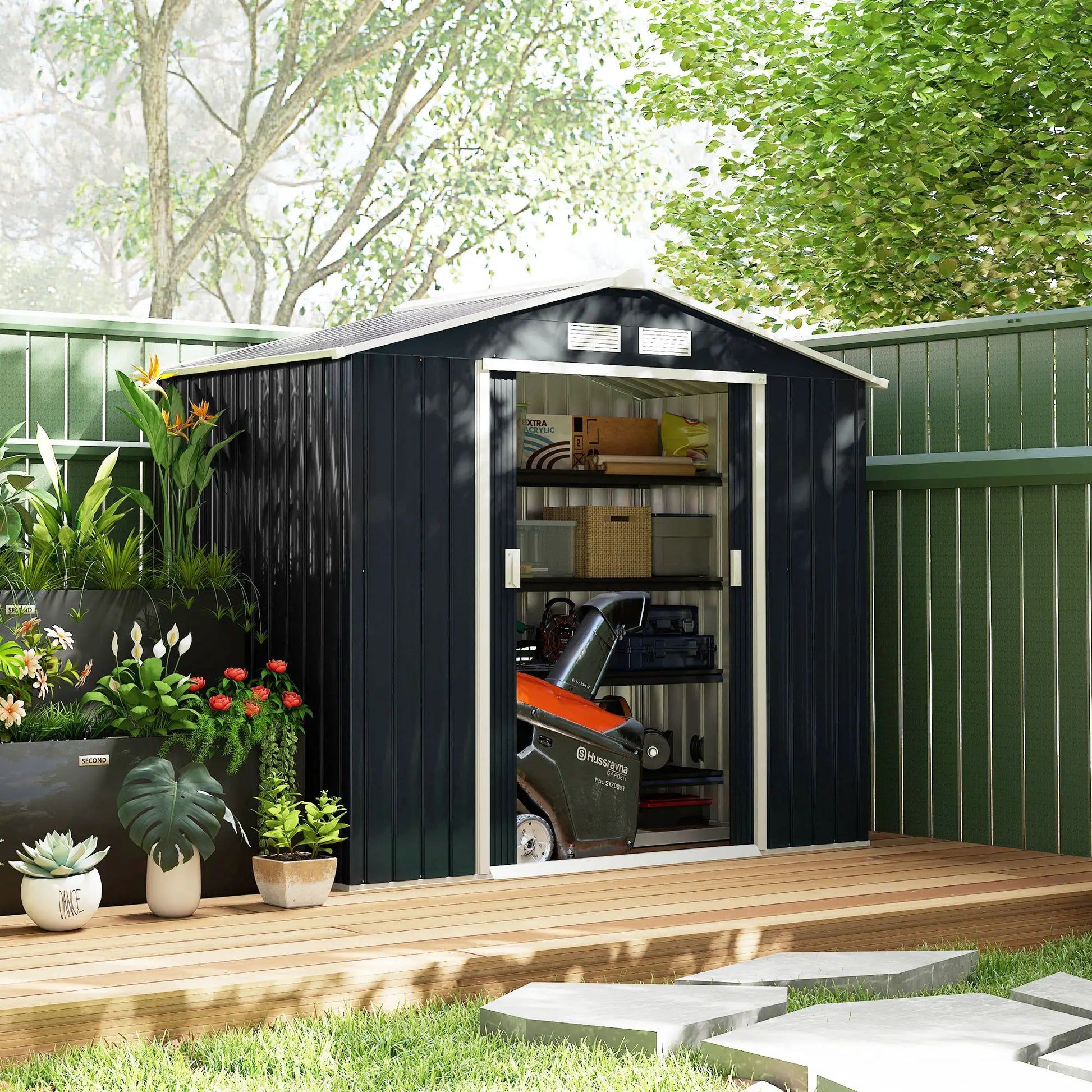 7' x 4' x 6' Garden Storage Shed, Metal Tool House, Dark Grey Sheds at Gallery Canada