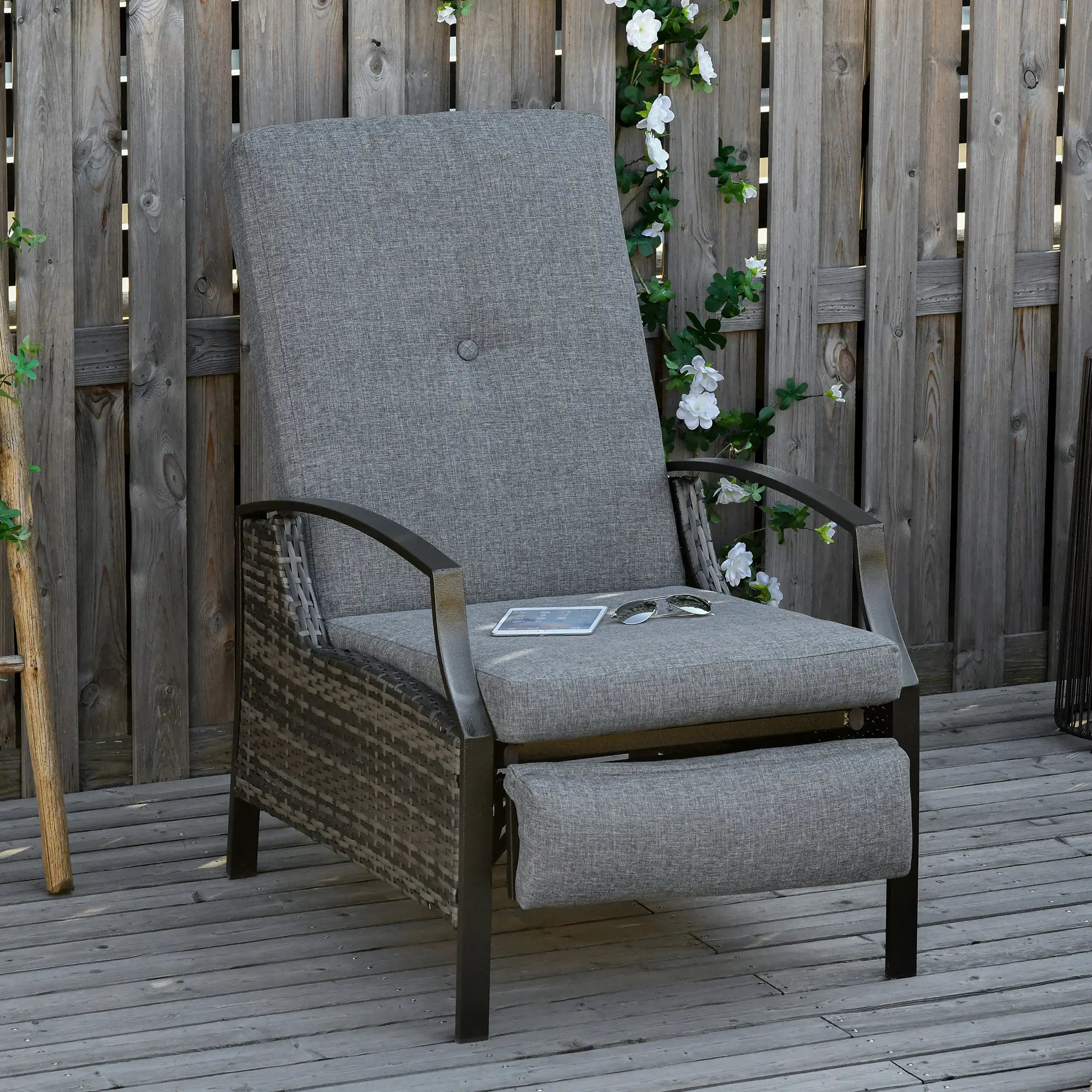 Outdoor Rattan Recliner Chair, Adjustable Back, Retractable Footrest, Grey Chaise Loungers at Gallery Canada