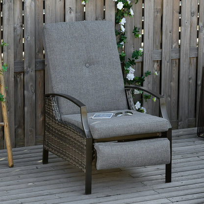 Outdoor Rattan Recliner Chair, Adjustable Back, Retractable Footrest, Grey Chaise Loungers at Gallery Canada