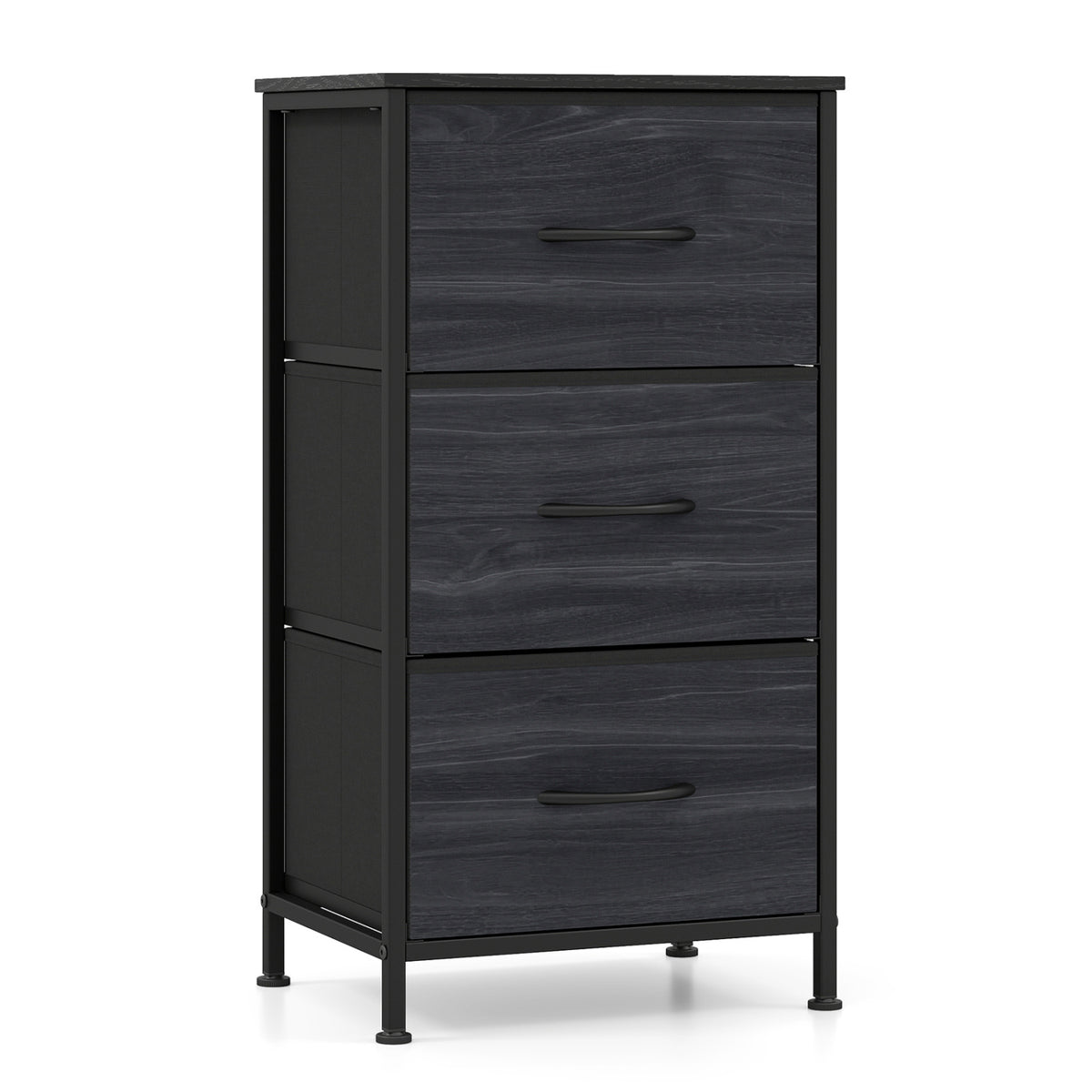 Dresser Nightstand, Roomy Fabric Drawers, Metal Frame, Black Wood Grain