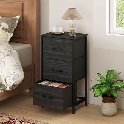 Dresser Nightstand, Roomy Fabric Drawers, Metal Frame, Black Wood Grain