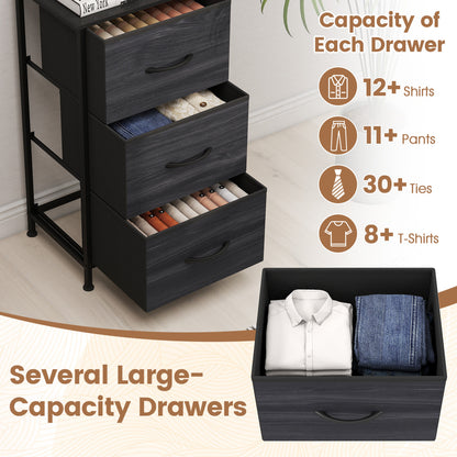 Dresser Nightstand, Roomy Fabric Drawers, Metal Frame, Black Wood Grain
