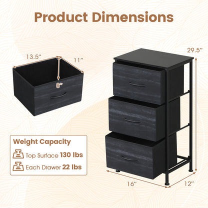 Dresser Nightstand, Roomy Fabric Drawers, Metal Frame, Black Wood Grain