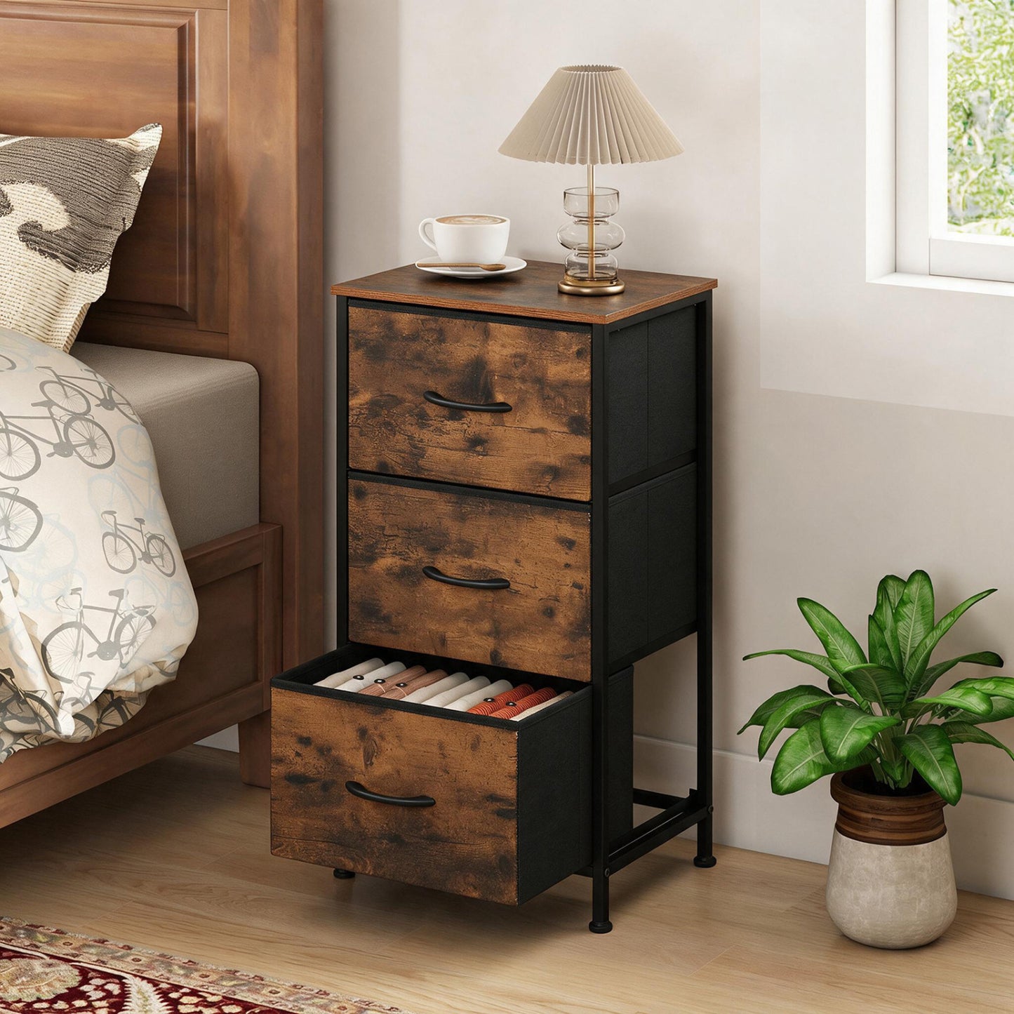 Fabric Drawer Dresser Nightstand, Metal Frame, Brown