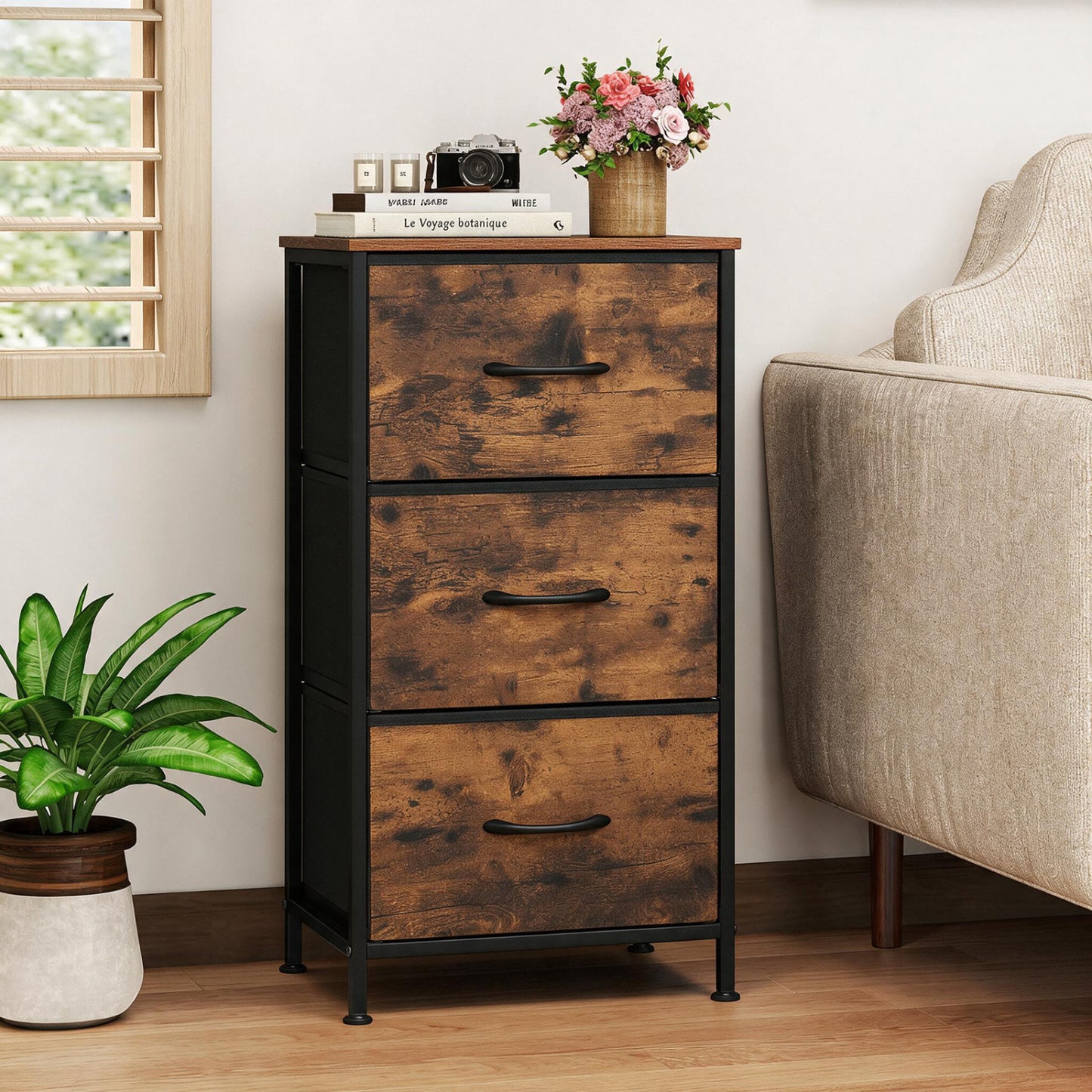 Fabric Drawer Dresser Nightstand, Metal Frame, Brown