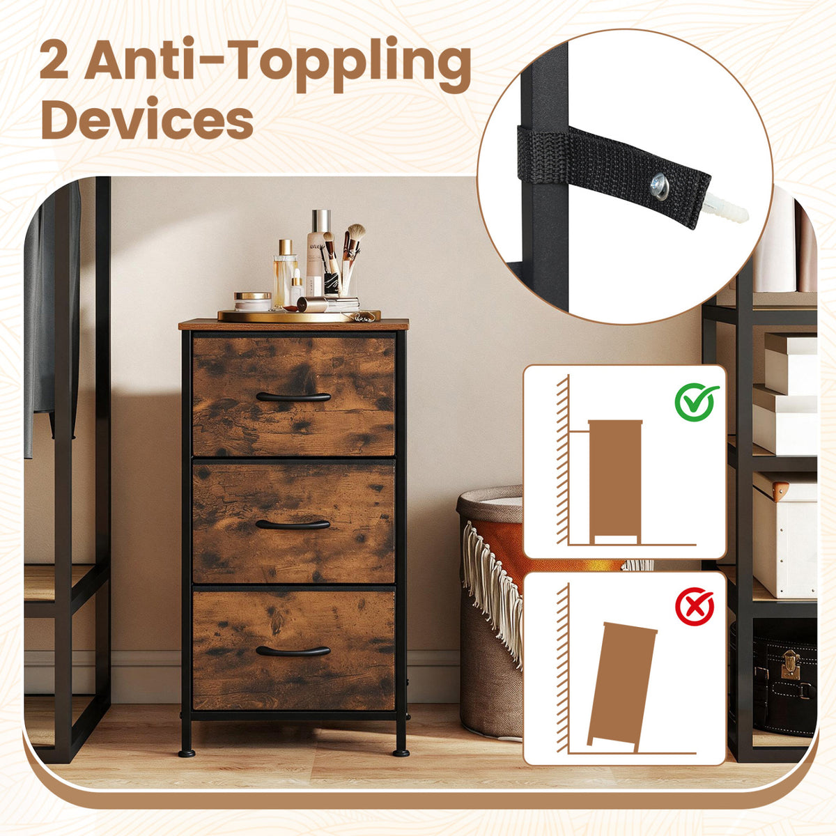 Fabric Drawer Dresser Nightstand, Metal Frame, Brown