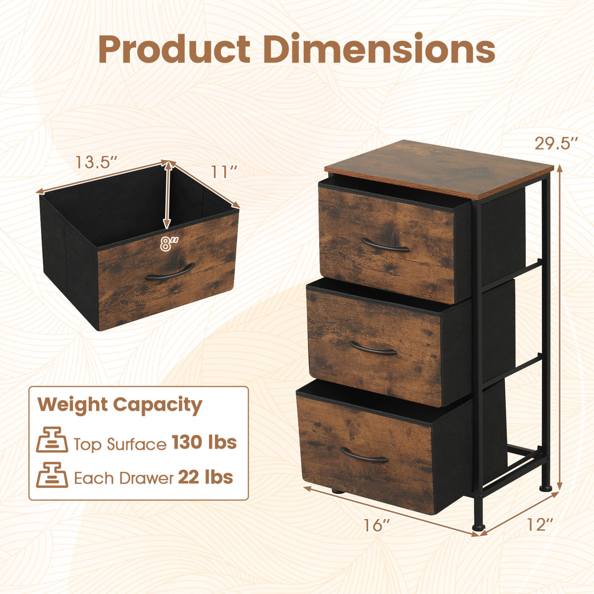 Fabric Drawer Dresser Nightstand, Metal Frame, Brown