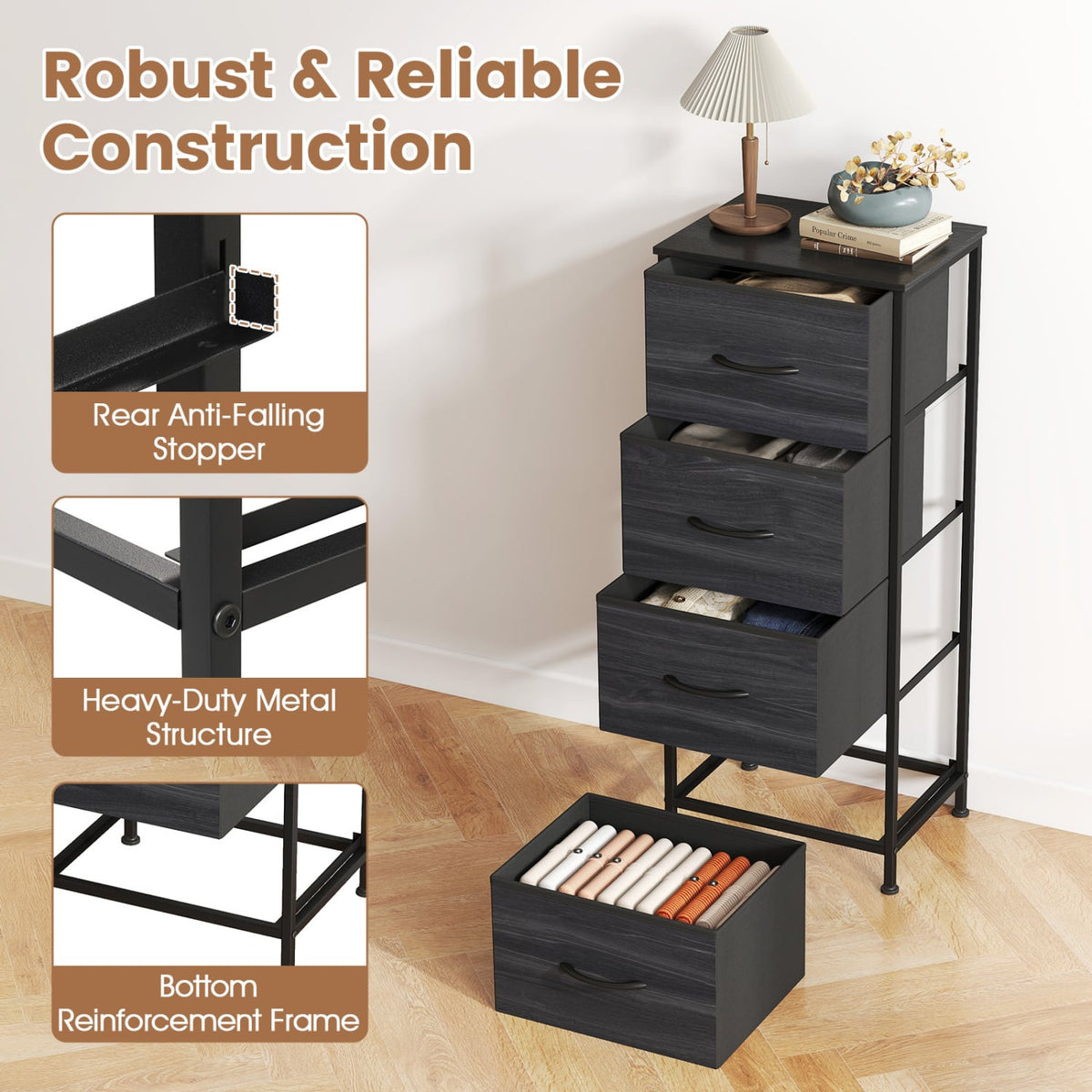4 Fabric Drawer Dresser Nightstand, Charcoal Black Dressers & Chests at Gallery Canada