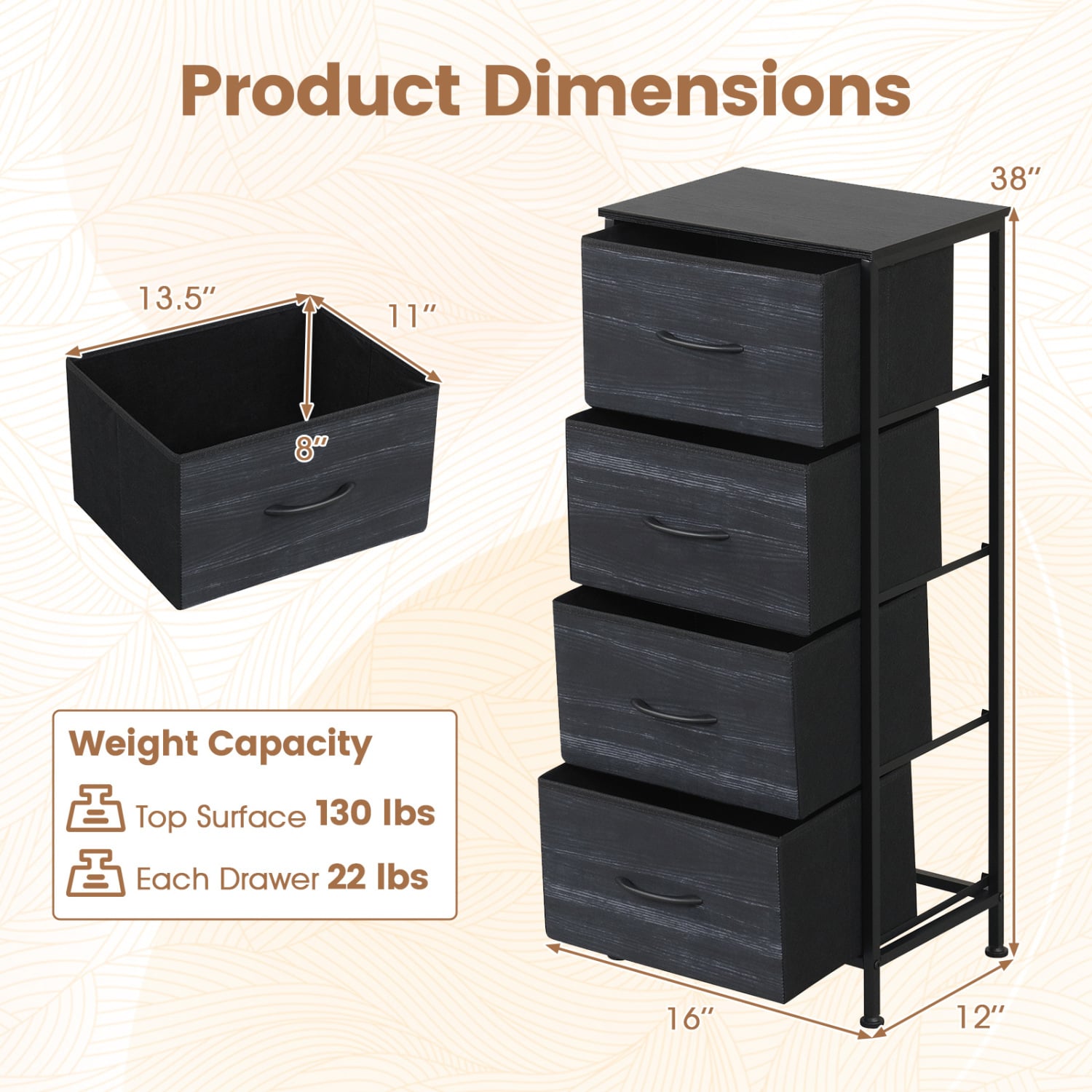 4 Fabric Drawer Dresser Nightstand, Charcoal Black Dressers & Chests at Gallery Canada