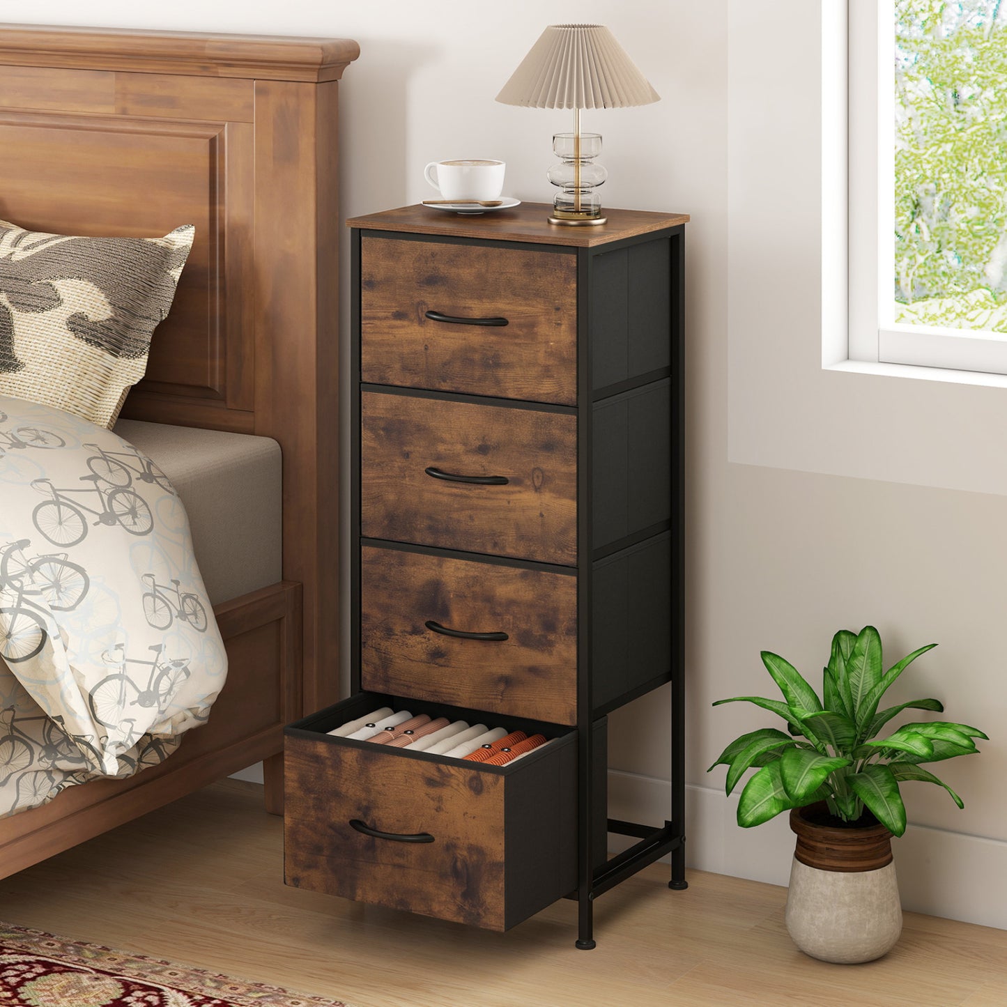 4 Drawer Fabric Dresser Nightstand, Rustic Brown