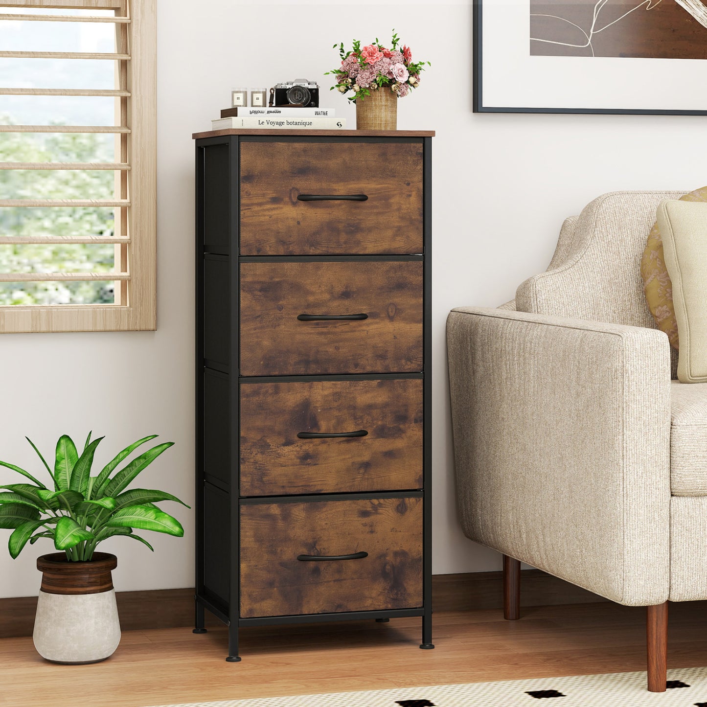 4 Drawer Fabric Dresser Nightstand, Rustic Brown