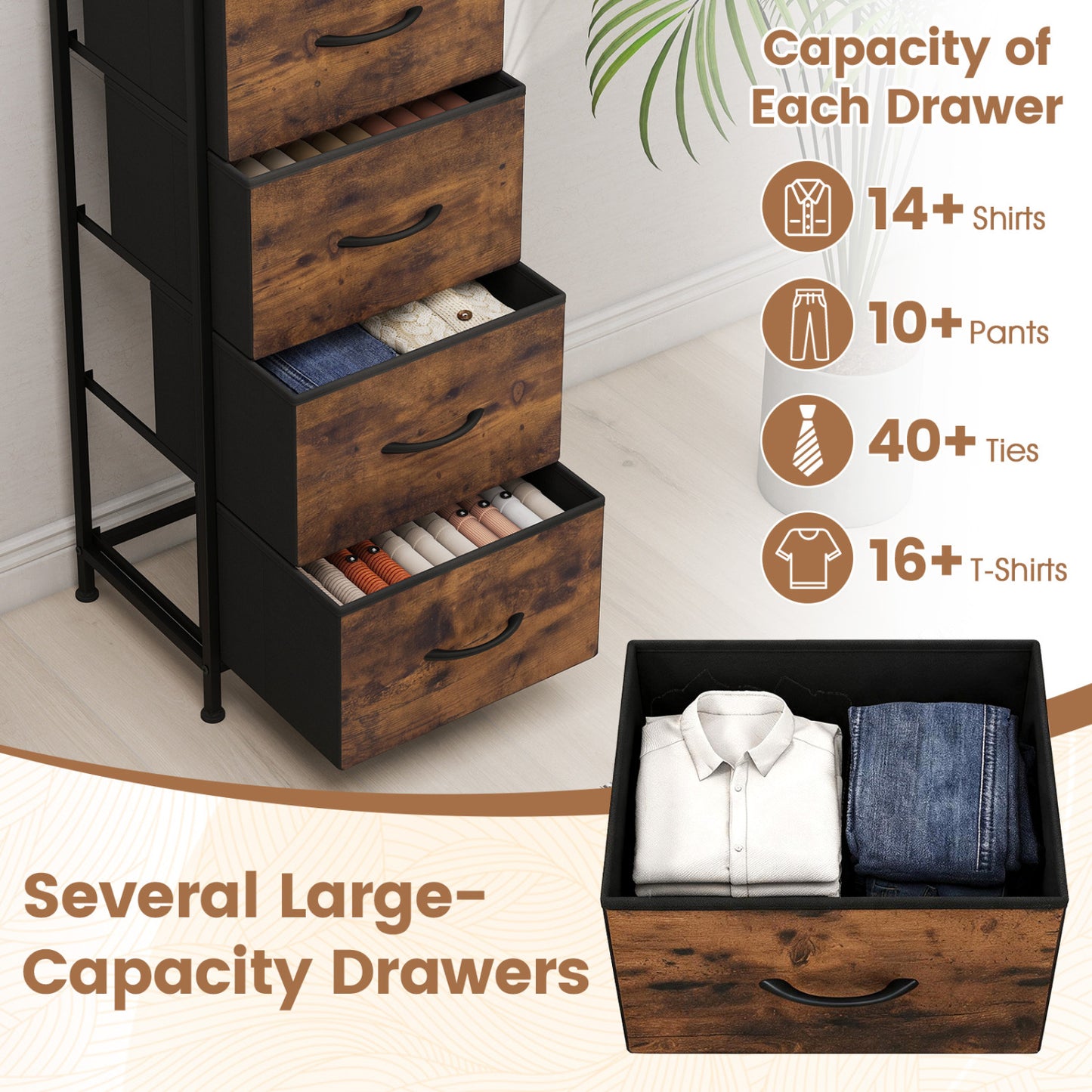 4 Drawer Fabric Dresser Nightstand, Rustic Brown