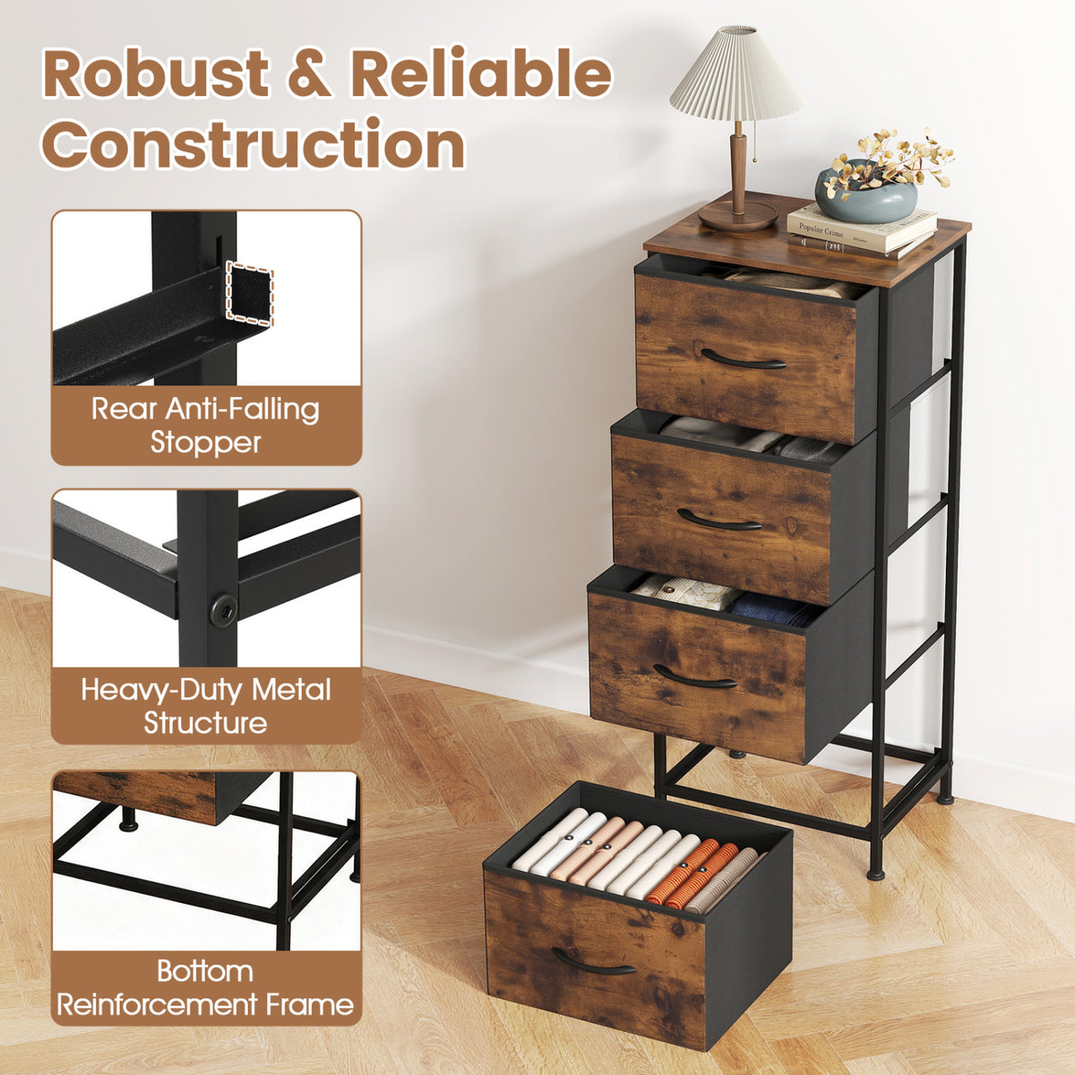 4 Drawer Fabric Dresser Nightstand, Rustic Brown