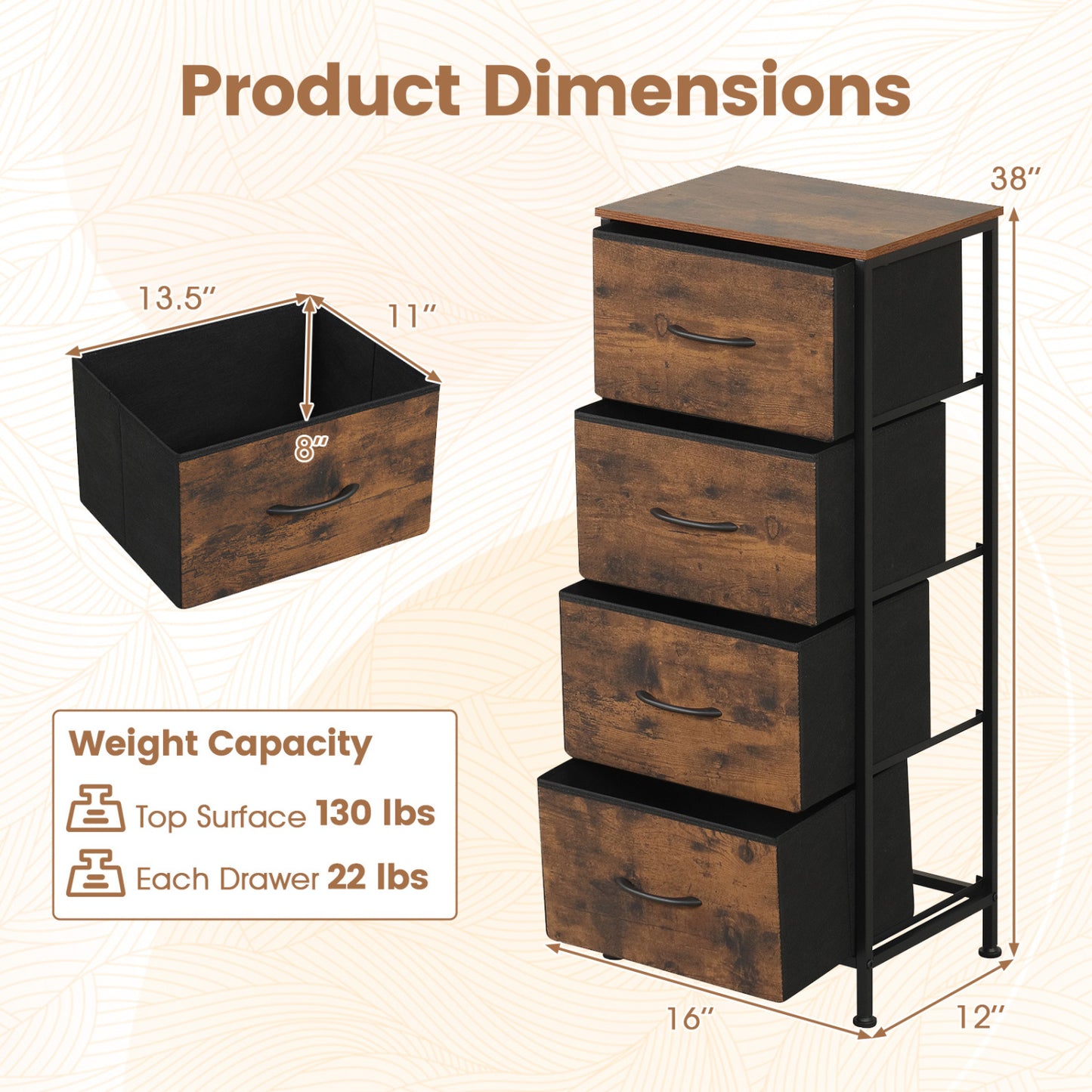 4 Drawer Fabric Dresser Nightstand, Rustic Brown