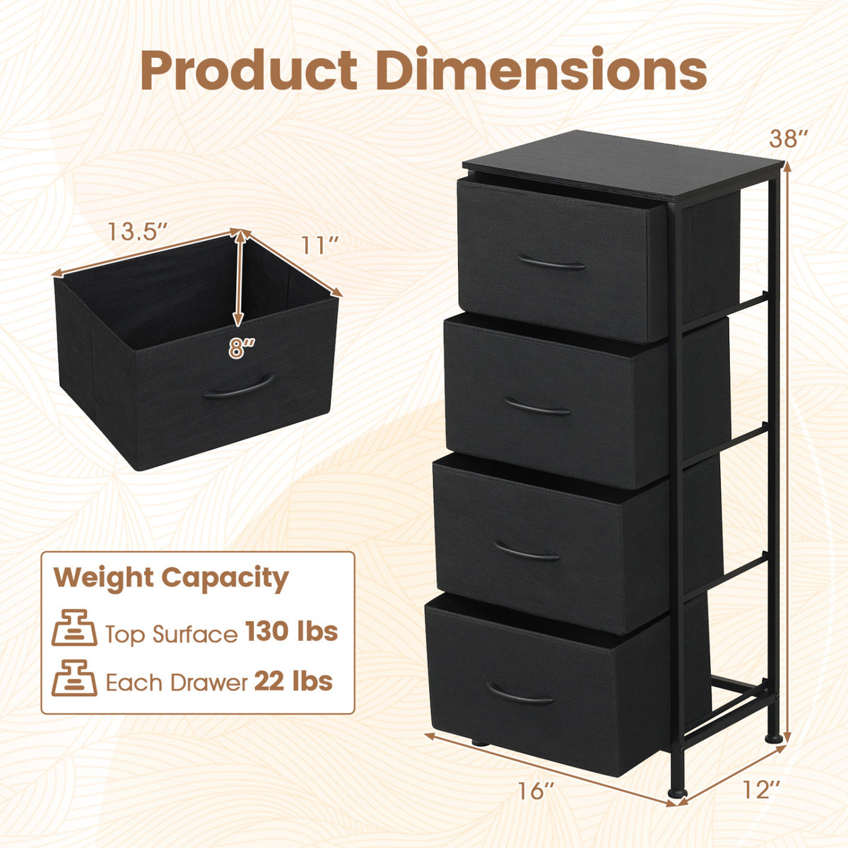 4 Drawer Dresser Nightstand, Metal Frame, Black