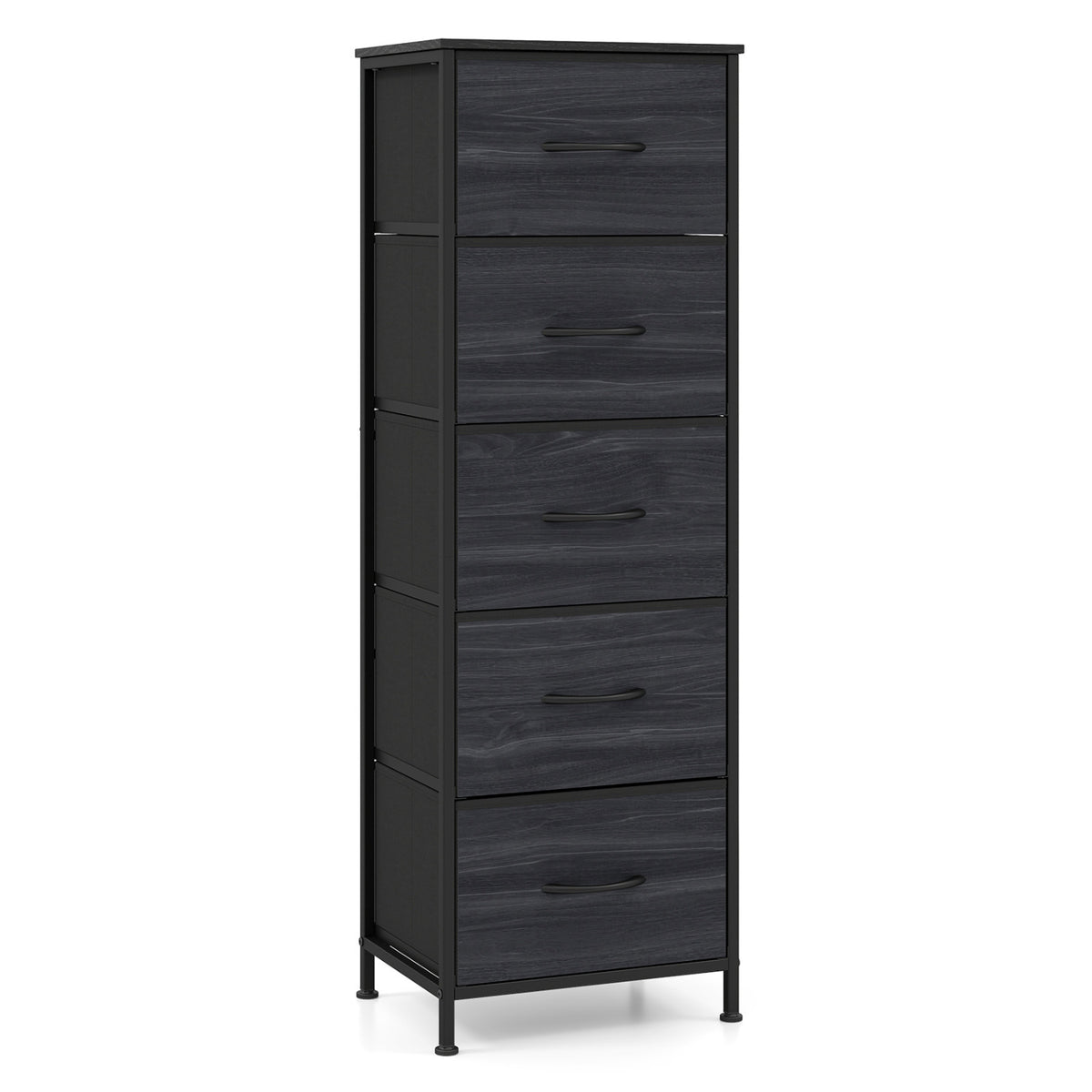5 Fabric Drawer Dresser Nightstand Wood Grain, Charcoal Black Black