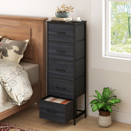 Dresser Nightstand, 5 Fabric Drawers, Black Wood Grain