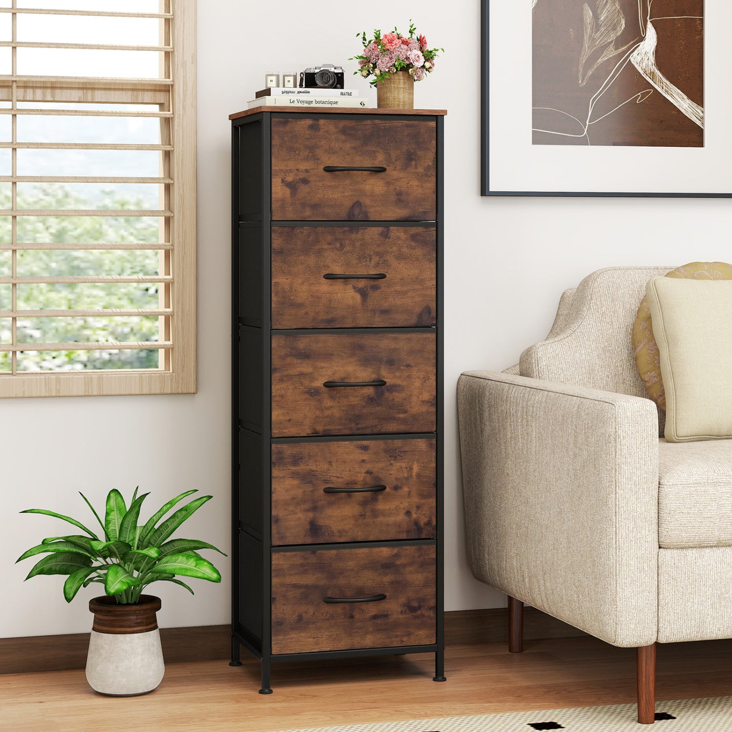 5 Drawer Dresser Nightstand, Rustic Brown