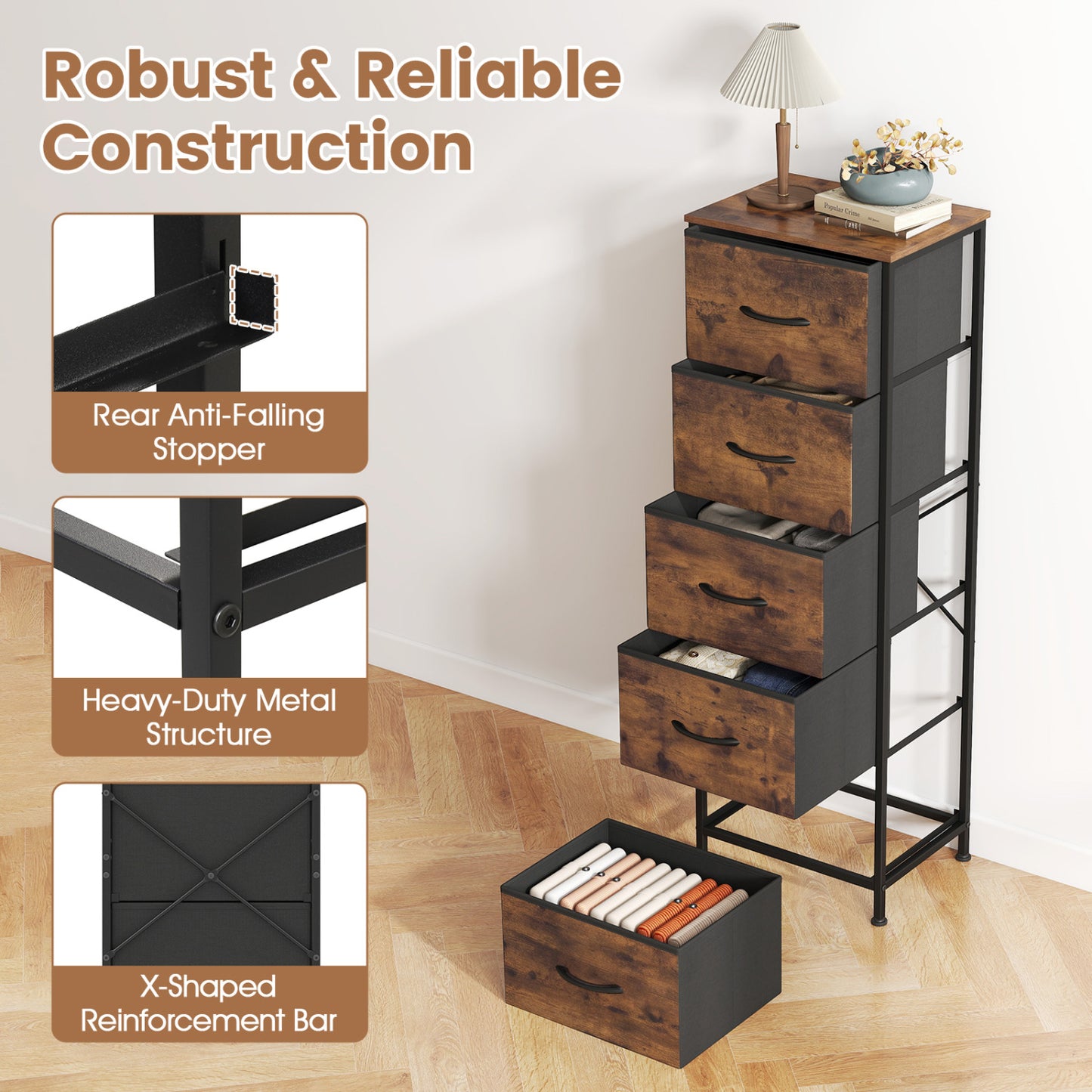5 Drawer Dresser Nightstand, Rustic Brown