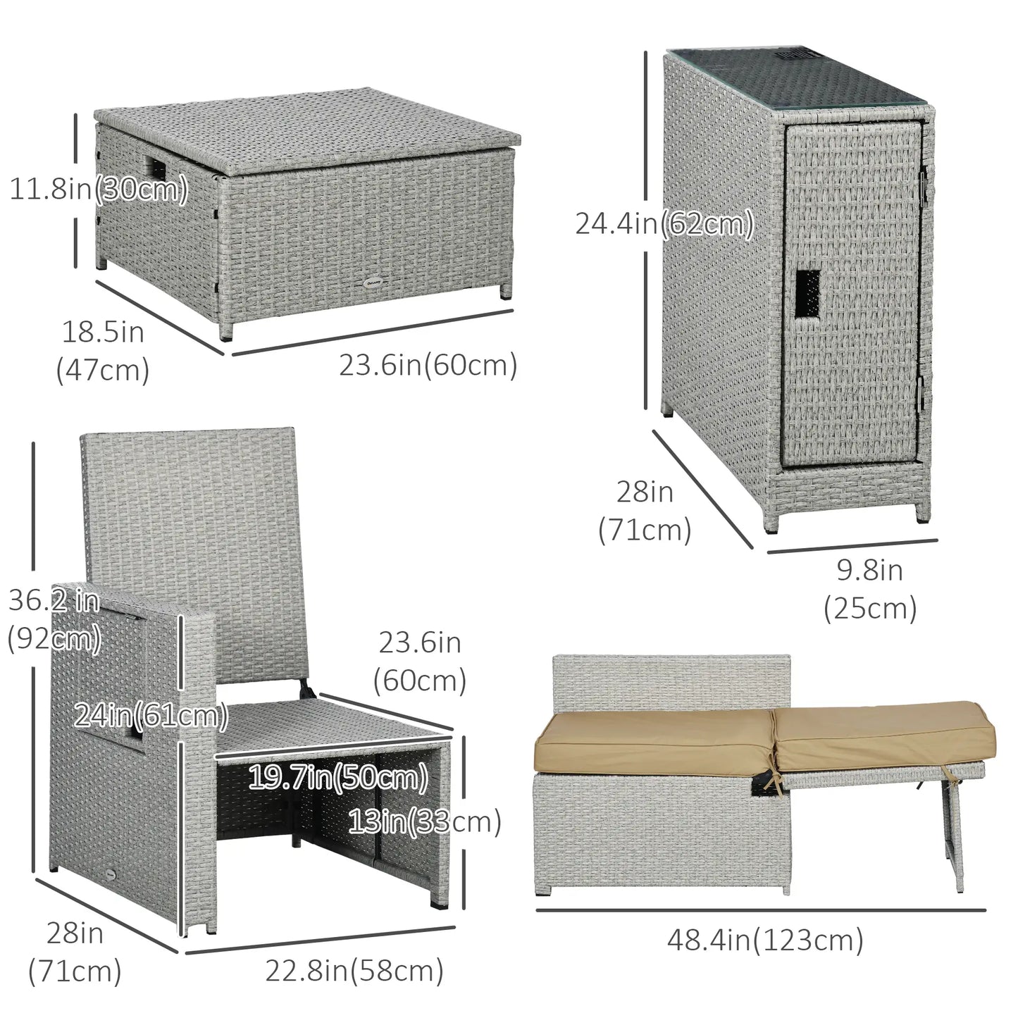 5PC Wicker Patio Lounger, Adjustable Recliner Sofa Bed, Storage Side Table, Footstools, Khaki Chaise Loungers at Gallery Canada