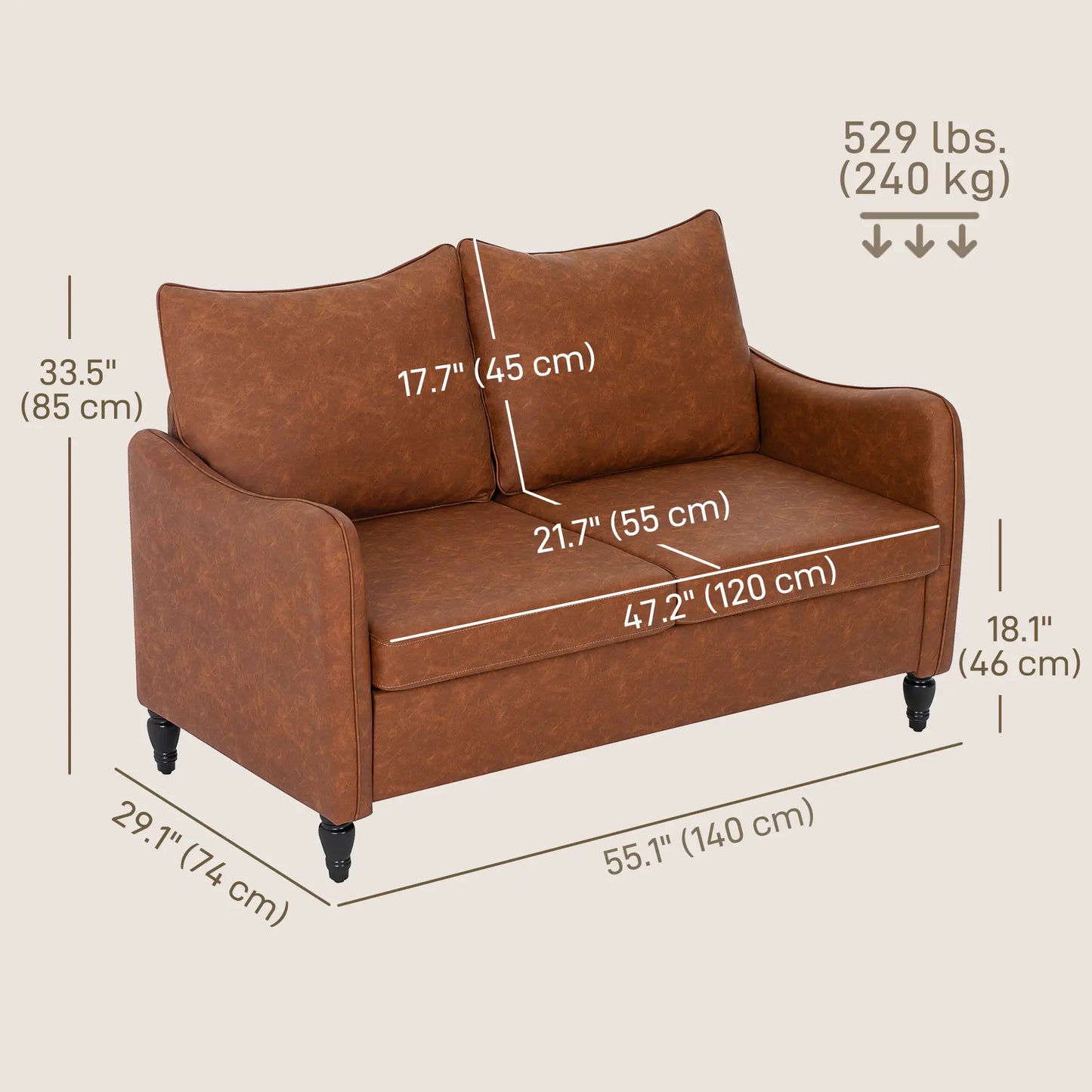 55" Loveseat Sofa, 2 Seater with Wood Legs, PU Leather, Brown 2-Seater Sofas at Gallery Canada